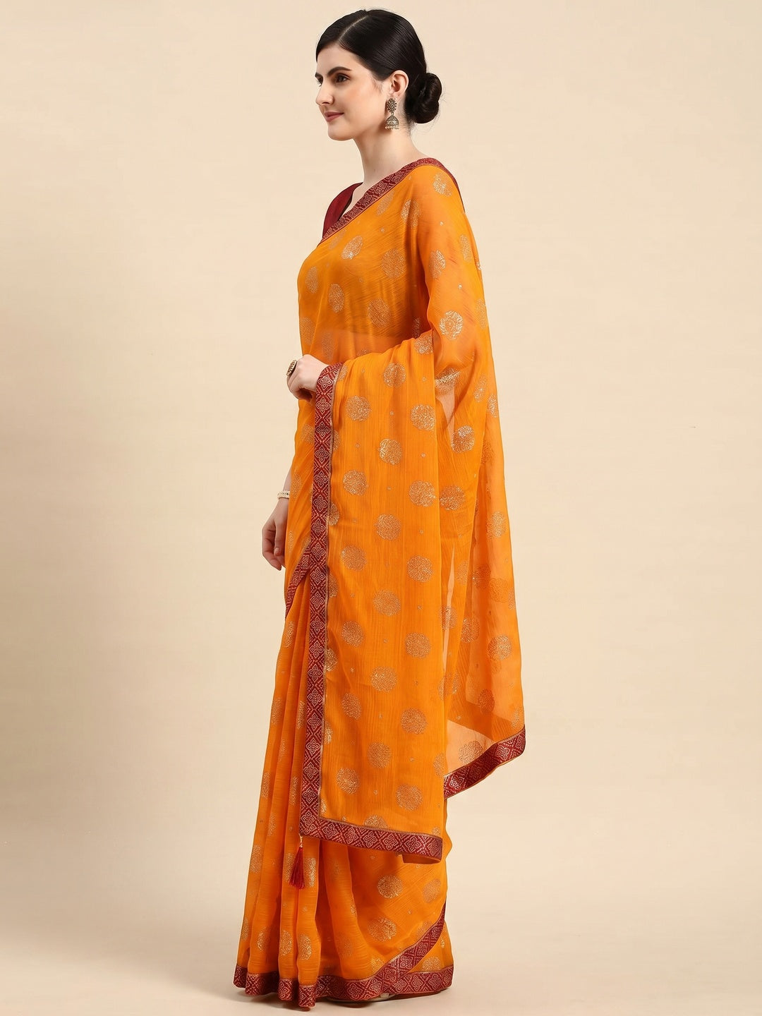Mustard Foil Printed With Embellished Chiffon Saree - Image 3