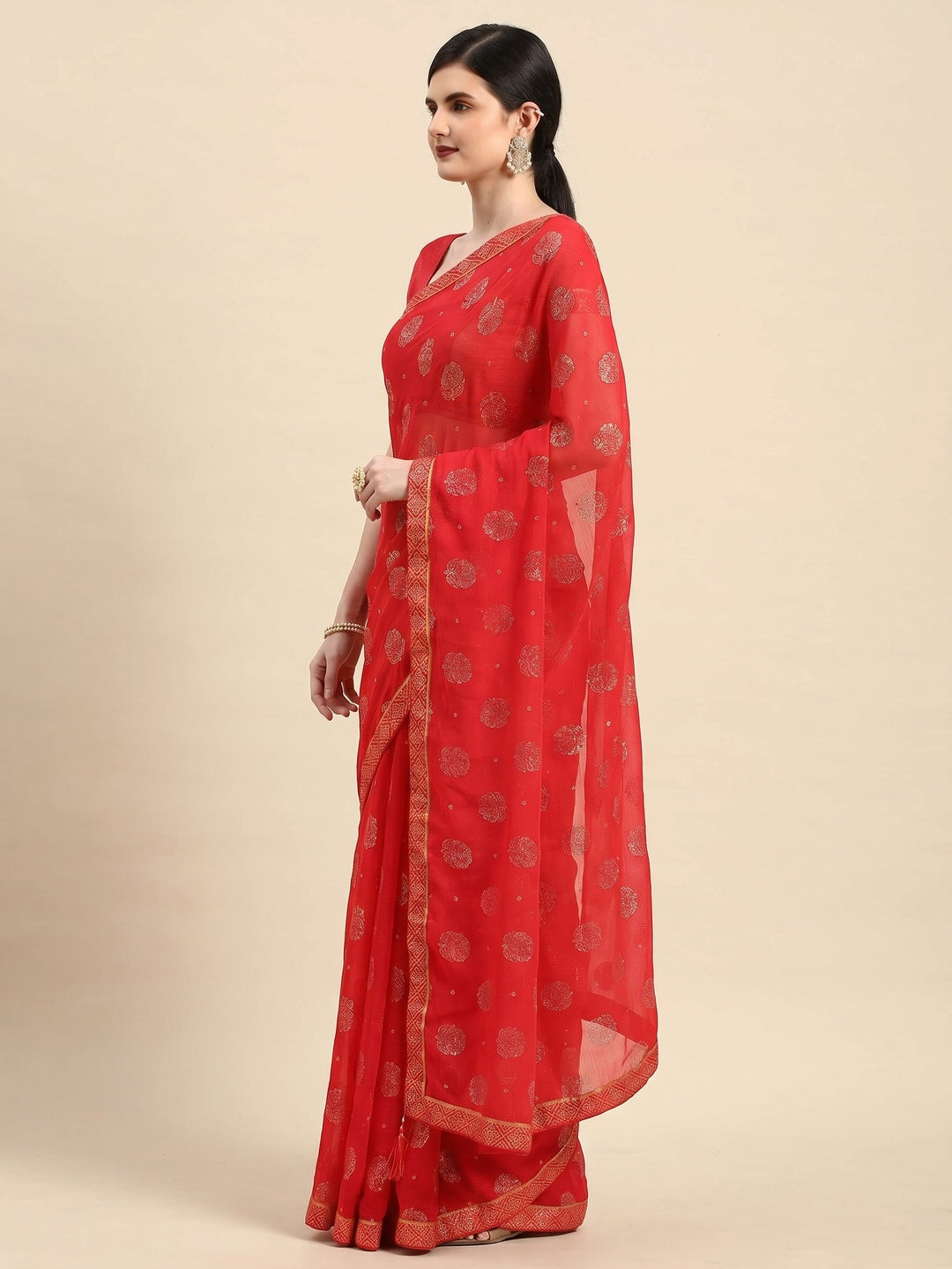 Pink Foil Printed With Embellished Chiffon Saree - Image 2