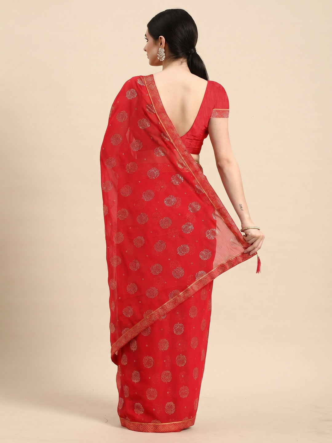 Pink Foil Printed With Embellished Chiffon Saree - Image 3