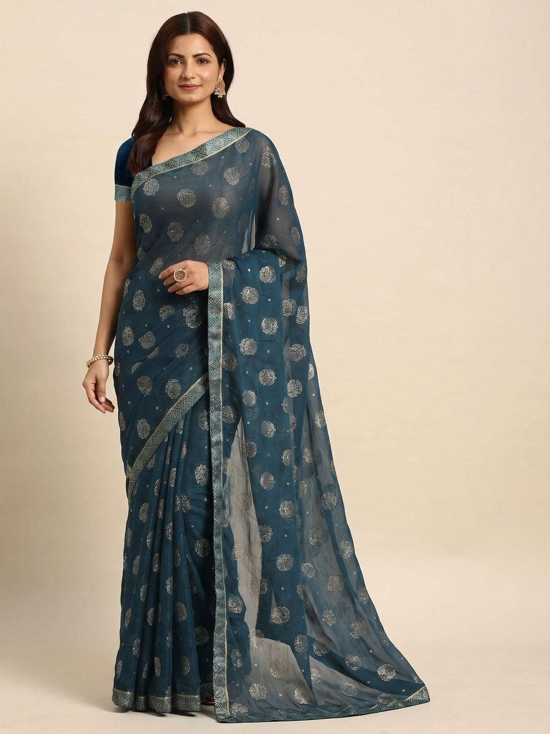 Teal Blue Foil Printed With Embellished Chiffon Saree - Image 1