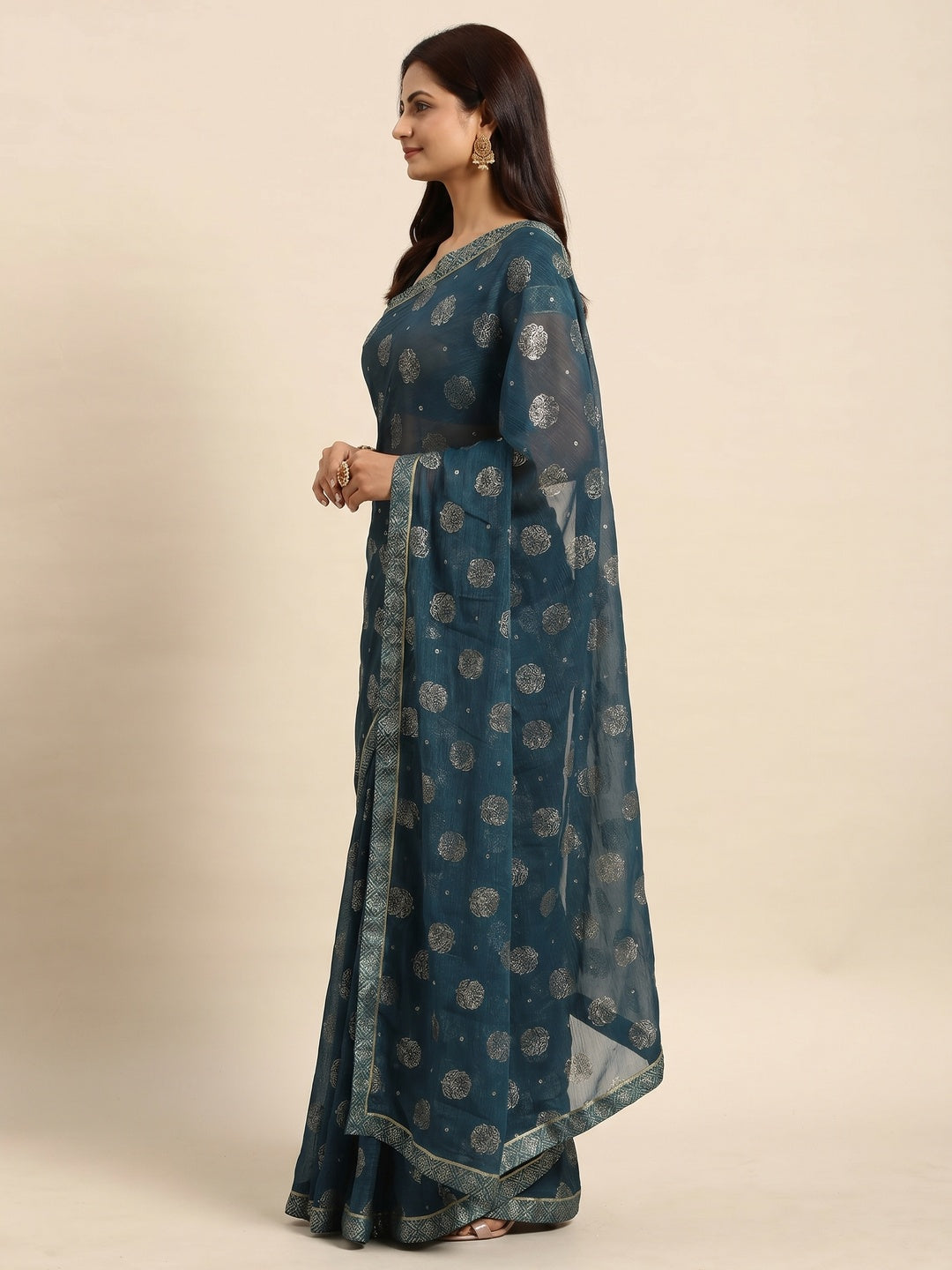 Teal Blue Foil Printed With Embellished Chiffon Saree - Image 2