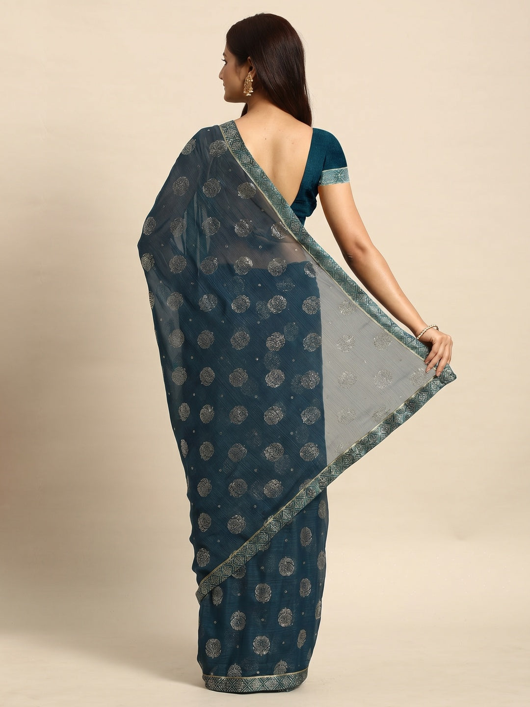 Teal Blue Foil Printed With Embellished Chiffon Saree - Image 3