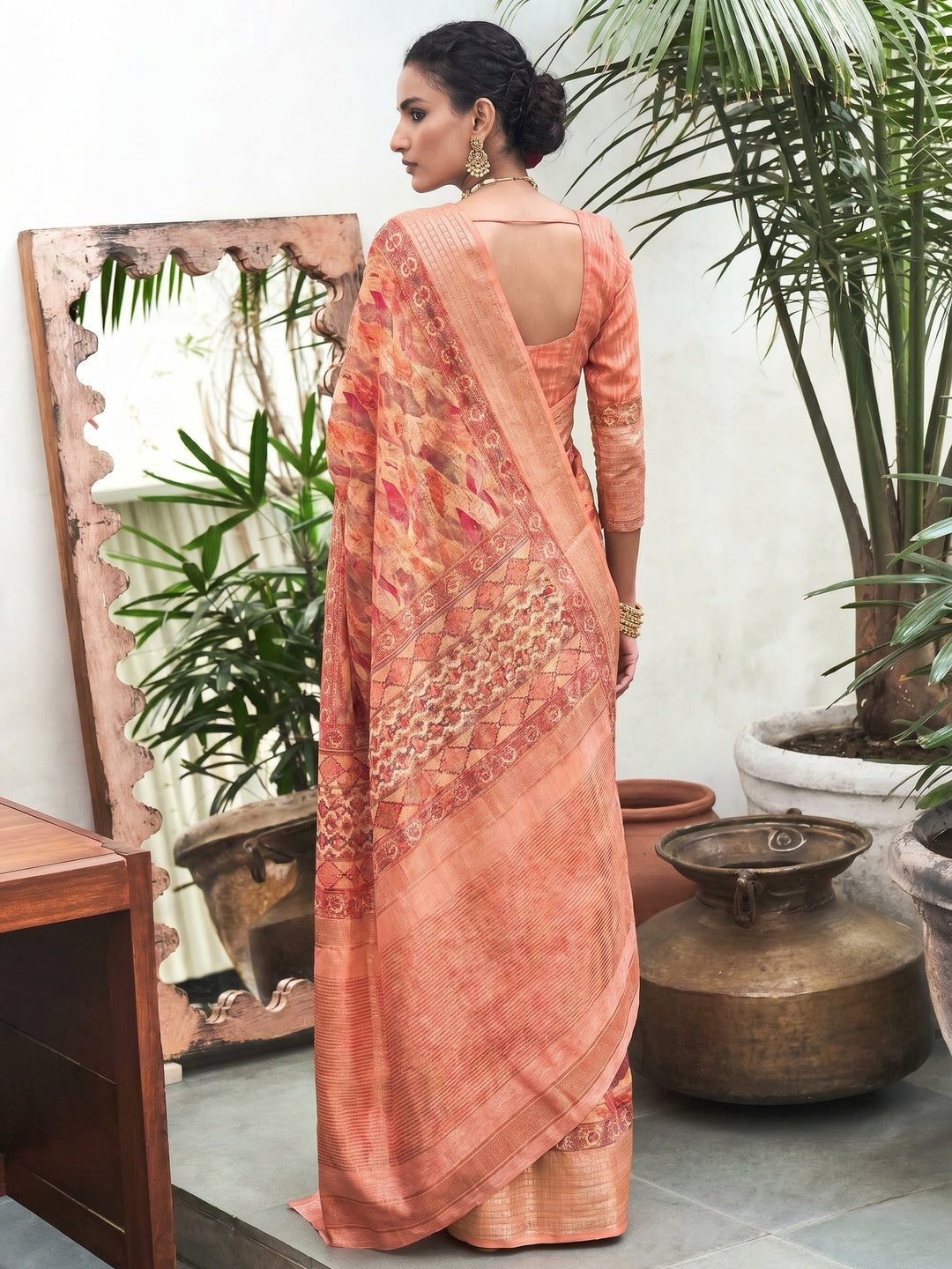 Peach Digital Printed Linen Saree - Image 1