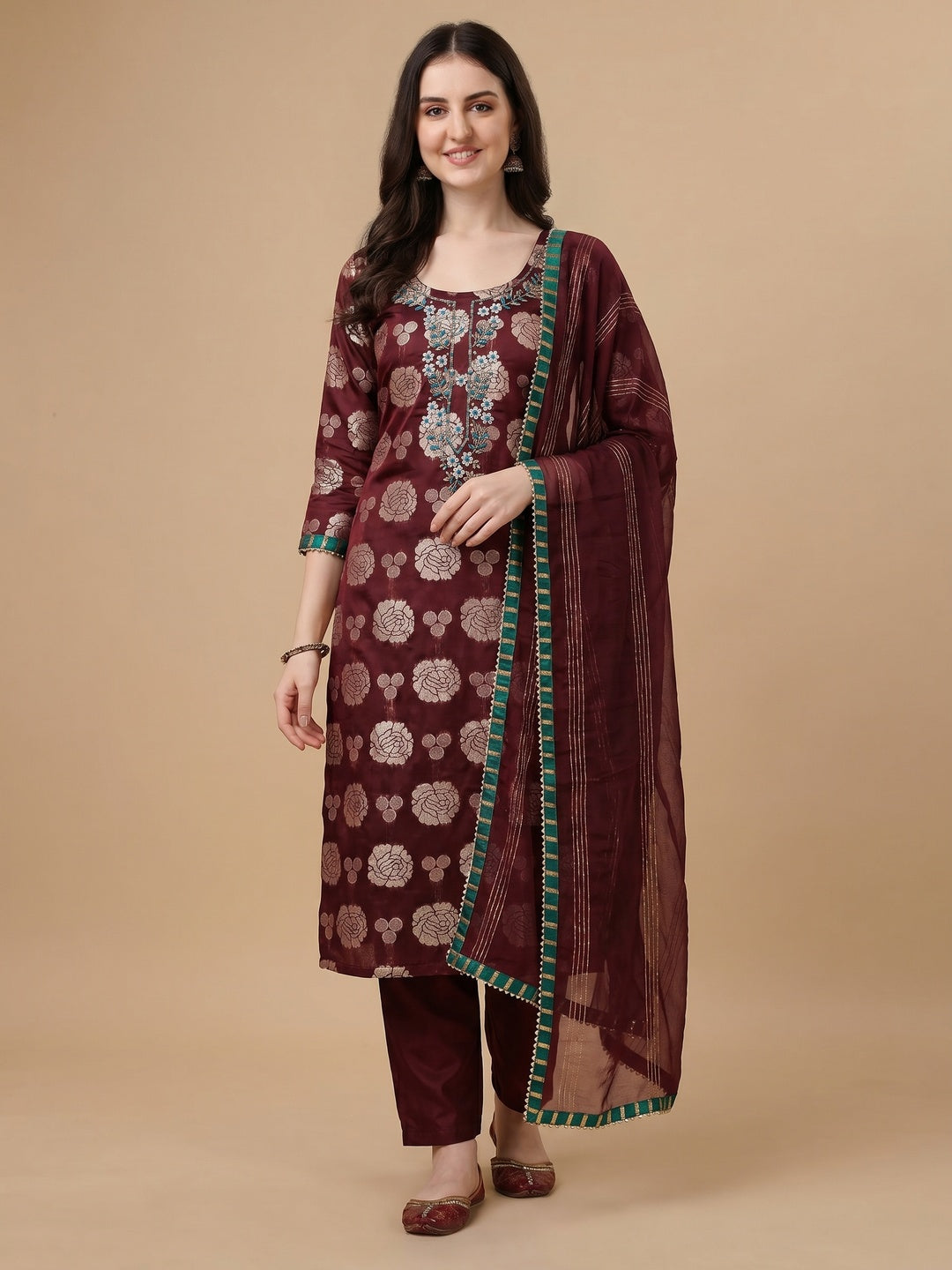Maroon Woven Banarasi Silk Dress Material - Image 1