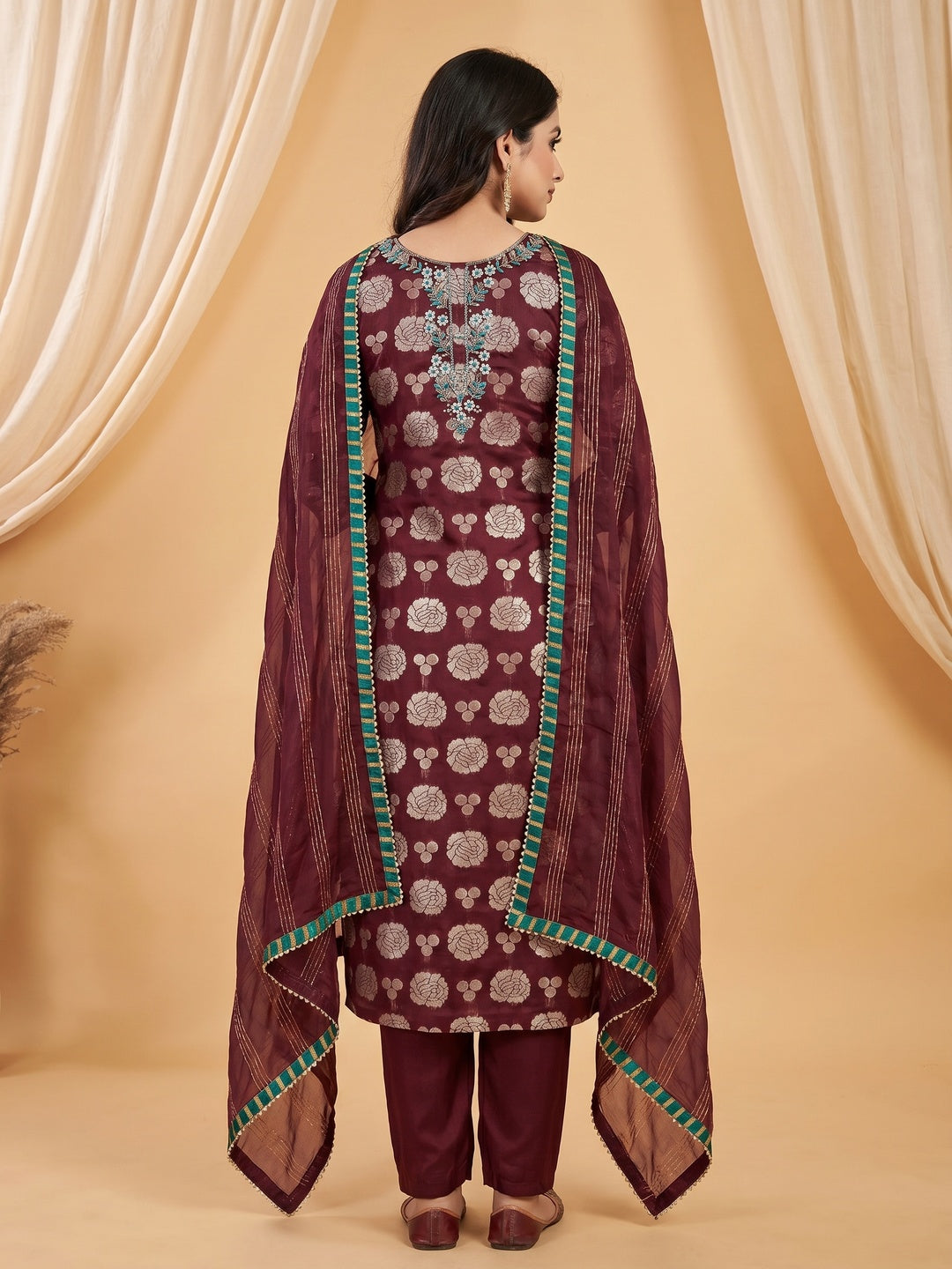Maroon Woven Banarasi Silk Dress Material - Image 2
