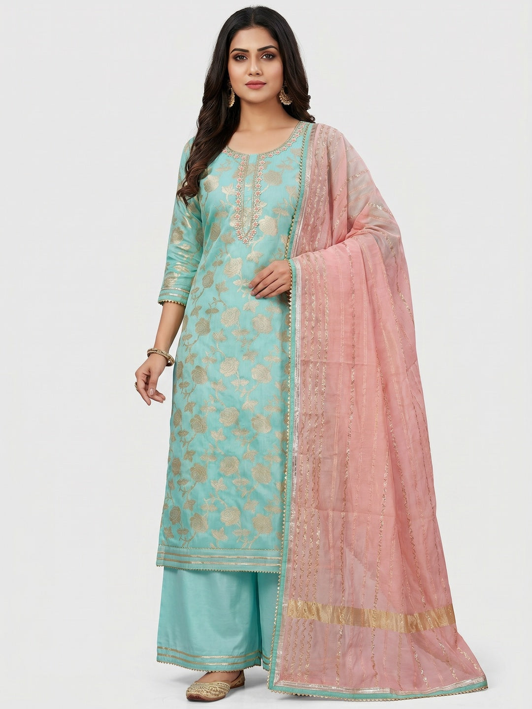 Sky Blue Woven Banarasi Silk Dress Material - Image 1
