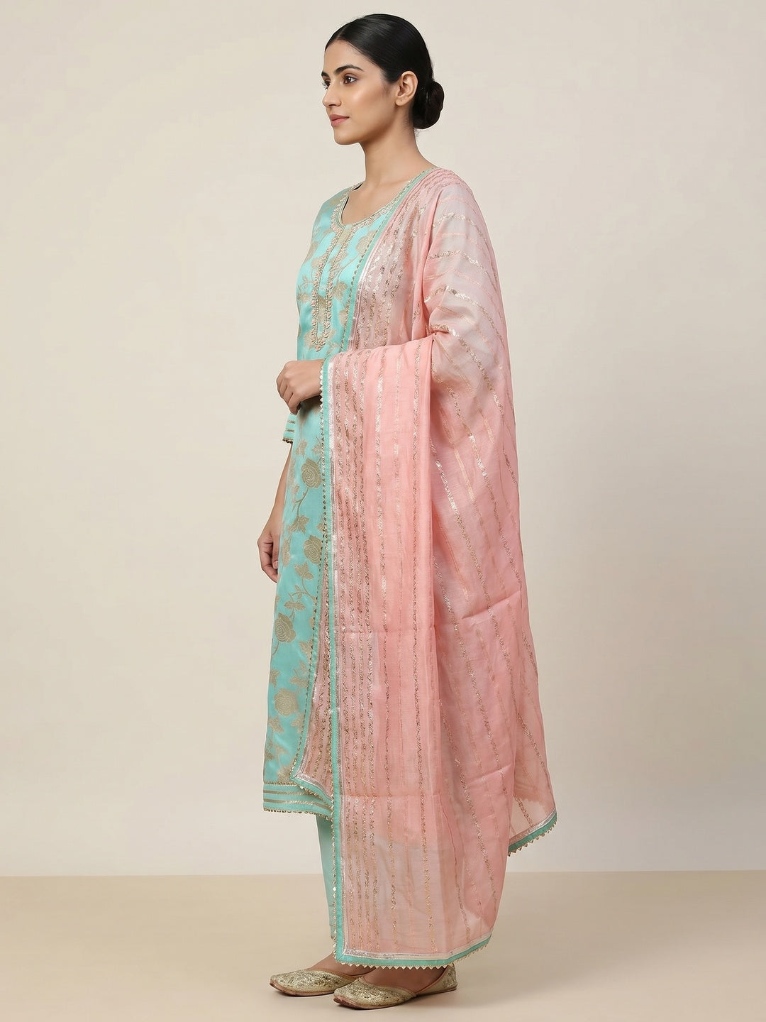 Sky Blue Woven Banarasi Silk Dress Material - Image 2