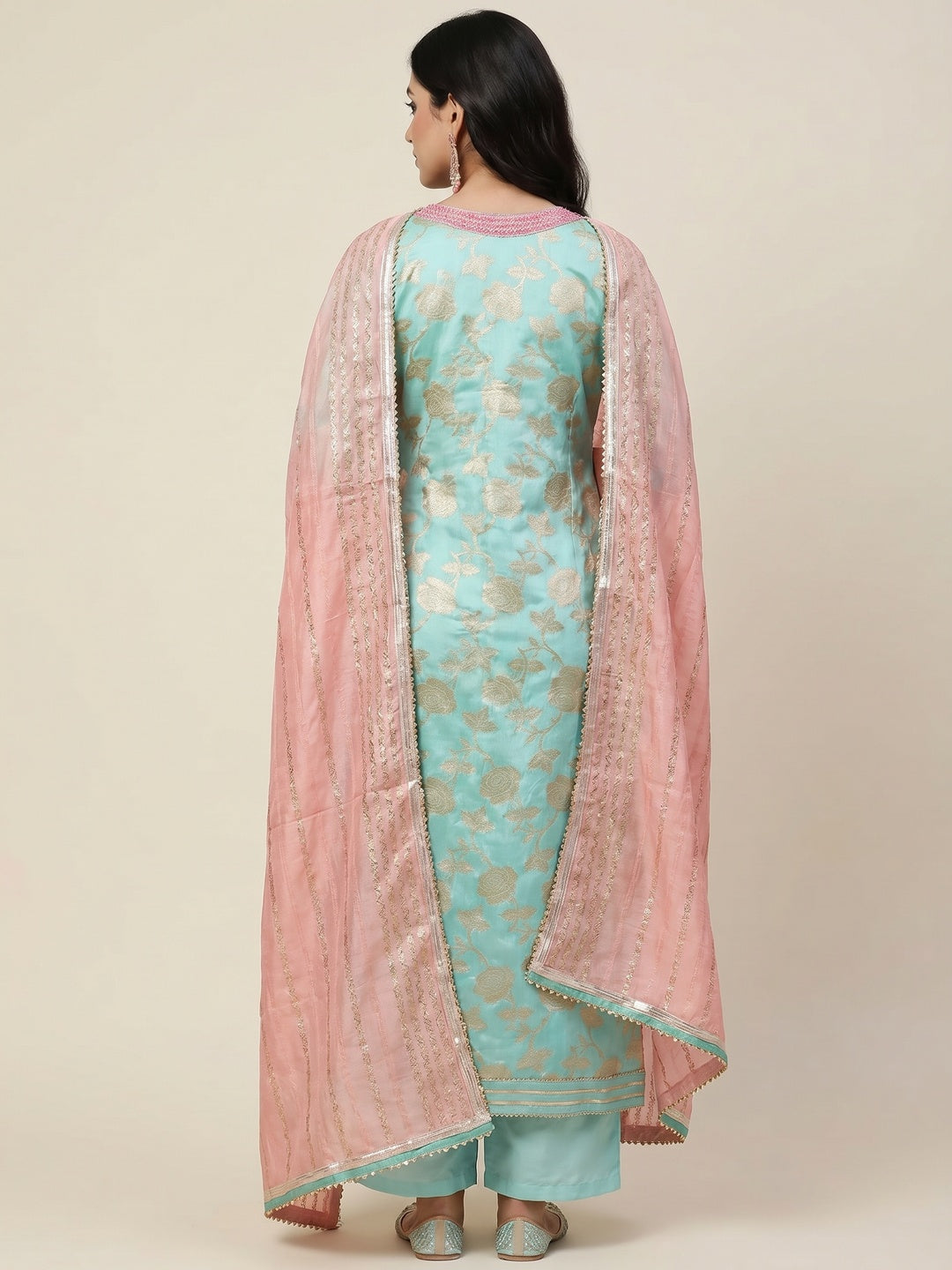 Sky Blue Woven Banarasi Silk Dress Material - Image 3