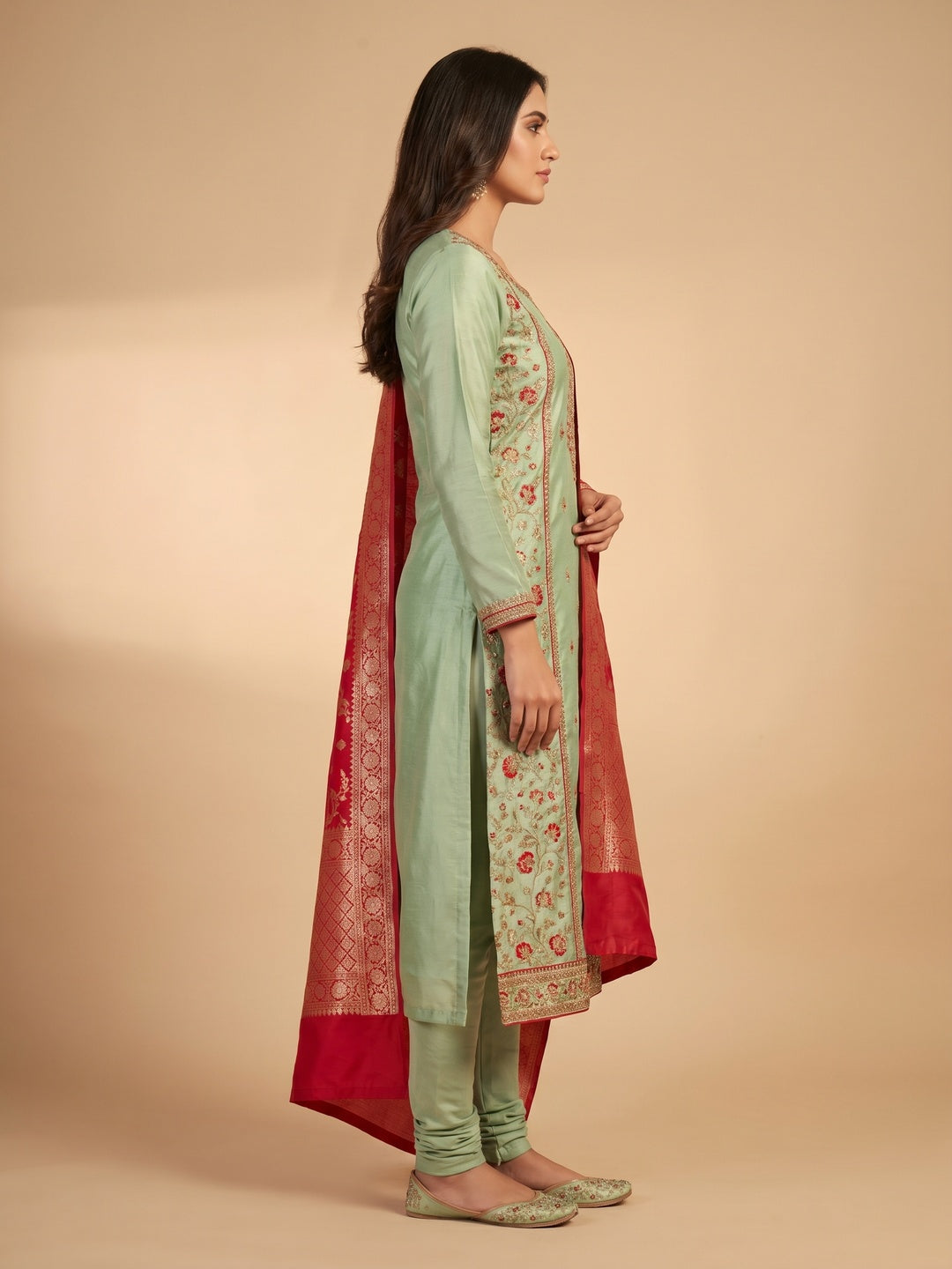 Pastel Green Woven Banarasi Silk Dress Material - Image 2