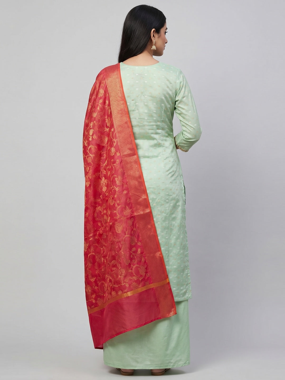 Pastel Green Woven Banarasi Silk Dress Material - Image 3