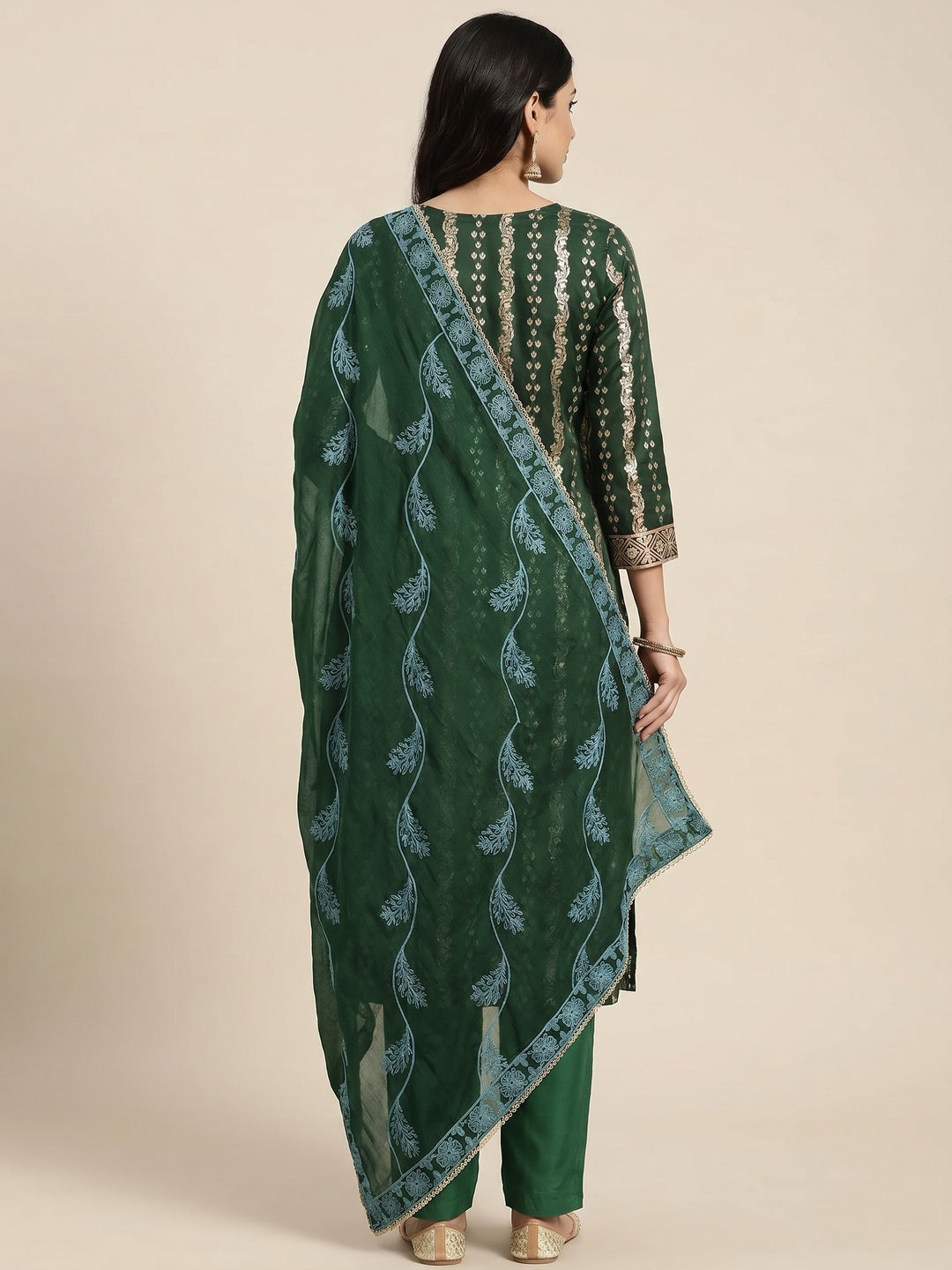 Green Woven Banarasi Silk Dress Material - Image 3