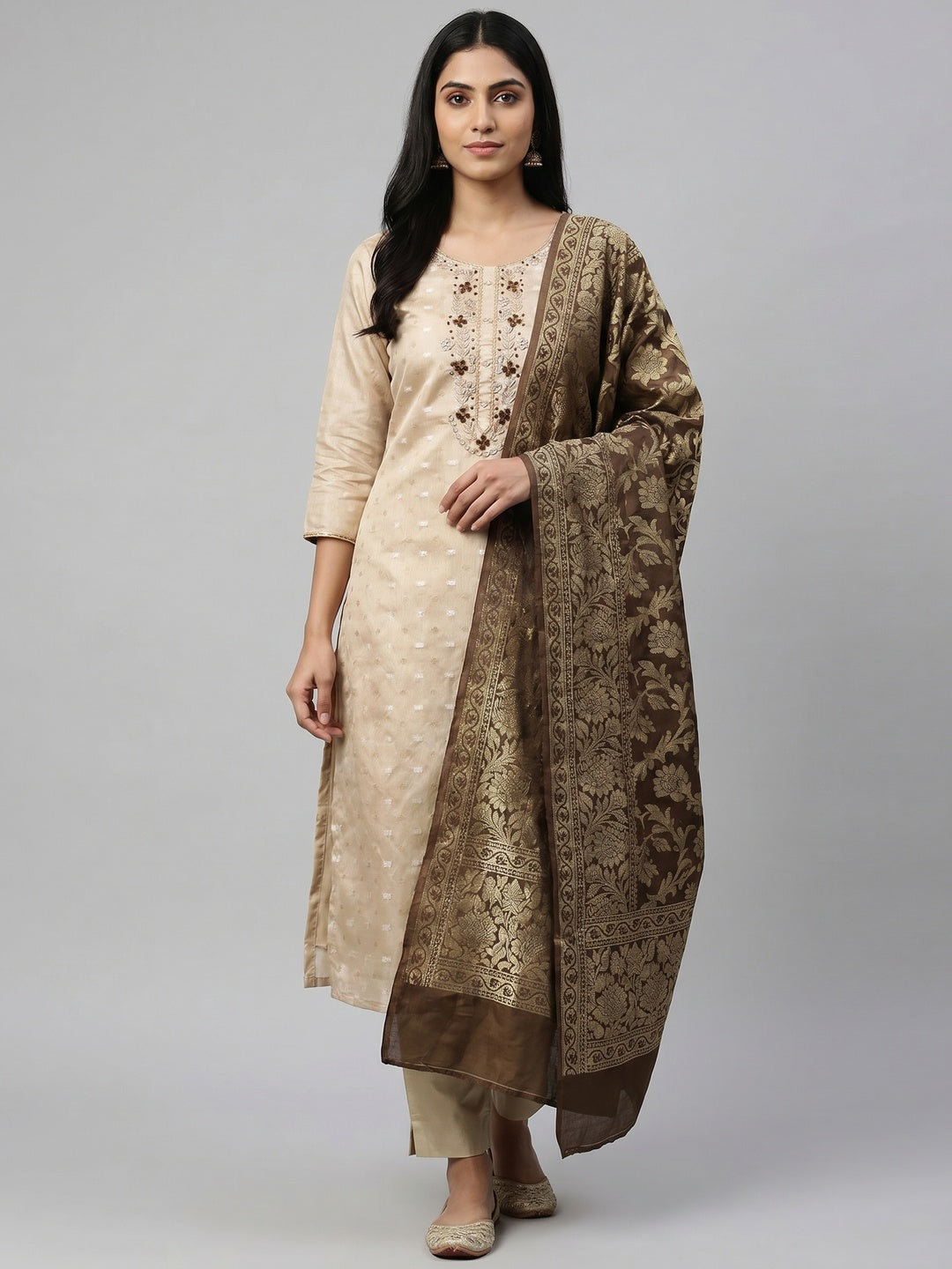 Beige Woven Banarasi Silk Dress Material - Image 1