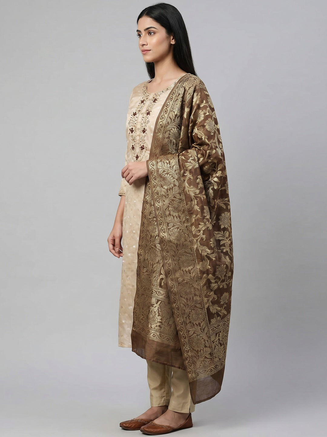 Beige Woven Banarasi Silk Dress Material - Image 2