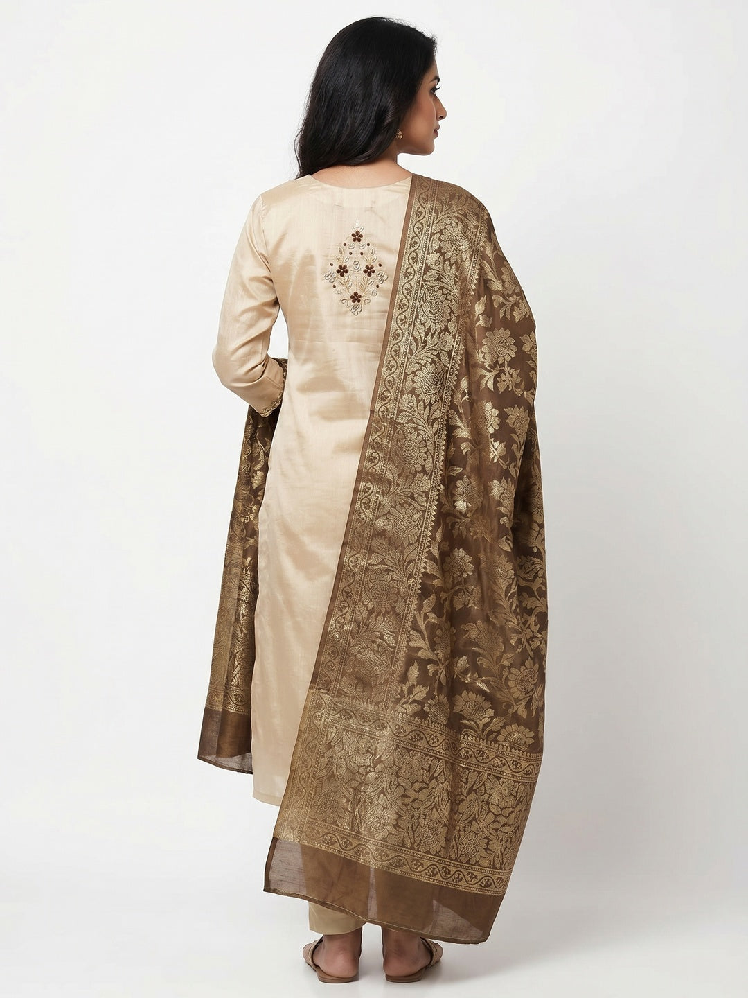 Beige Woven Banarasi Silk Dress Material - Image 3