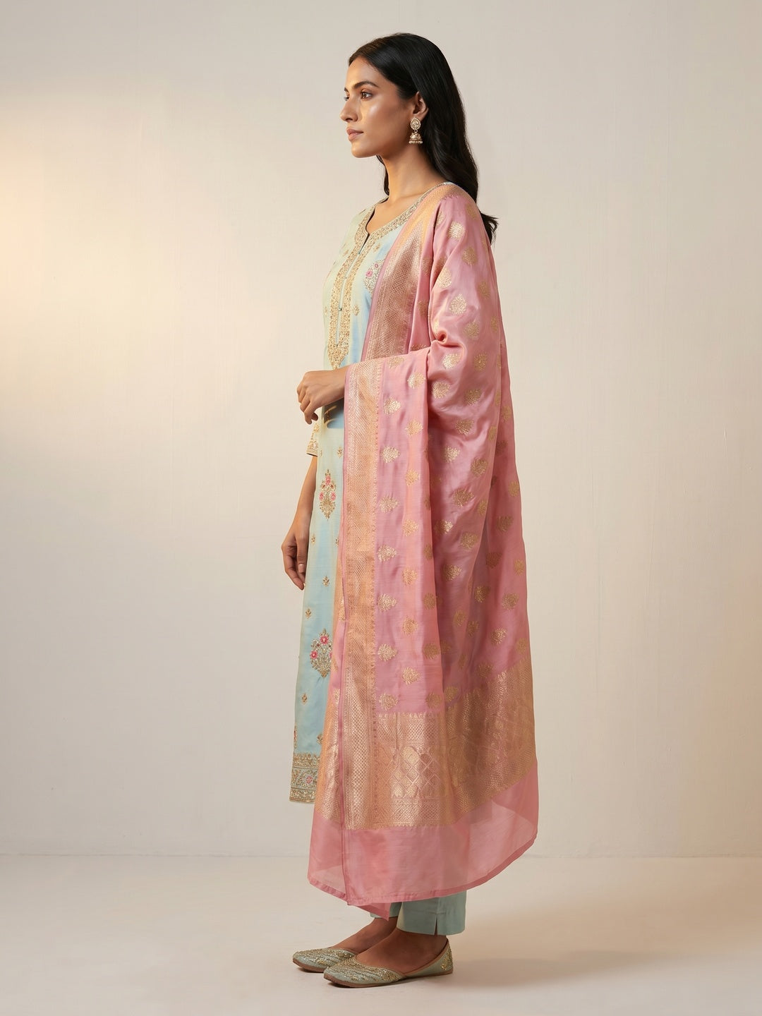 Pastel Blue Woven Banarasi Silk Dress Material - Image 2