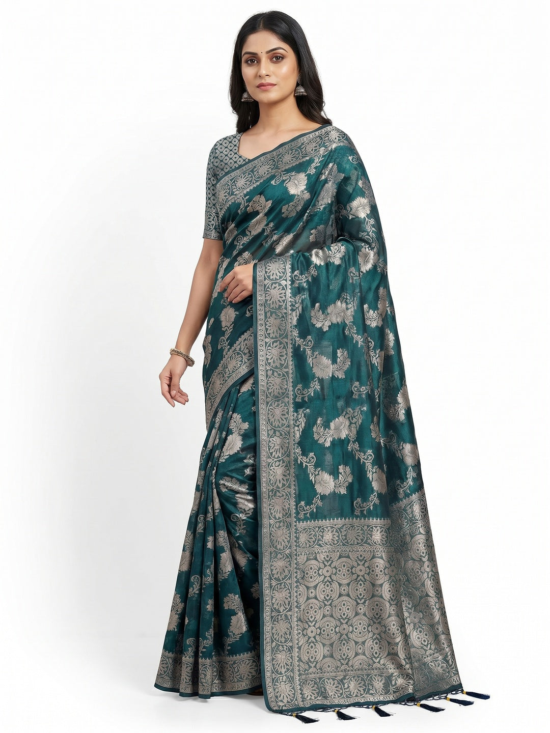 Morpich Floral Woven Art Silk Saree With Tassels - Image 1