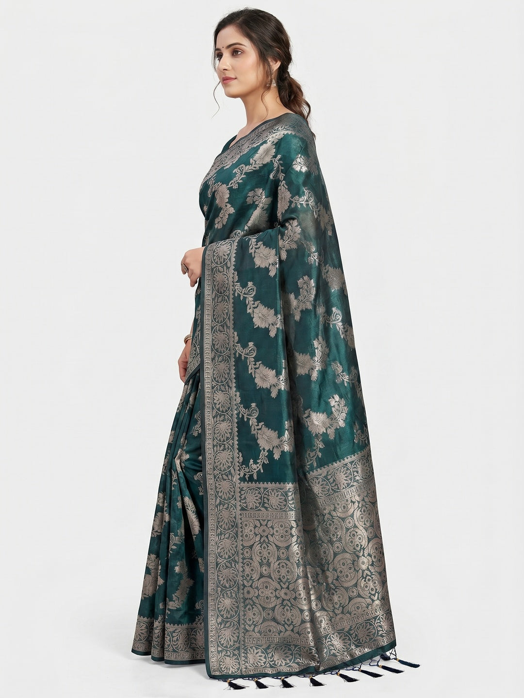 Morpich Floral Woven Art Silk Saree With Tassels - Image 2