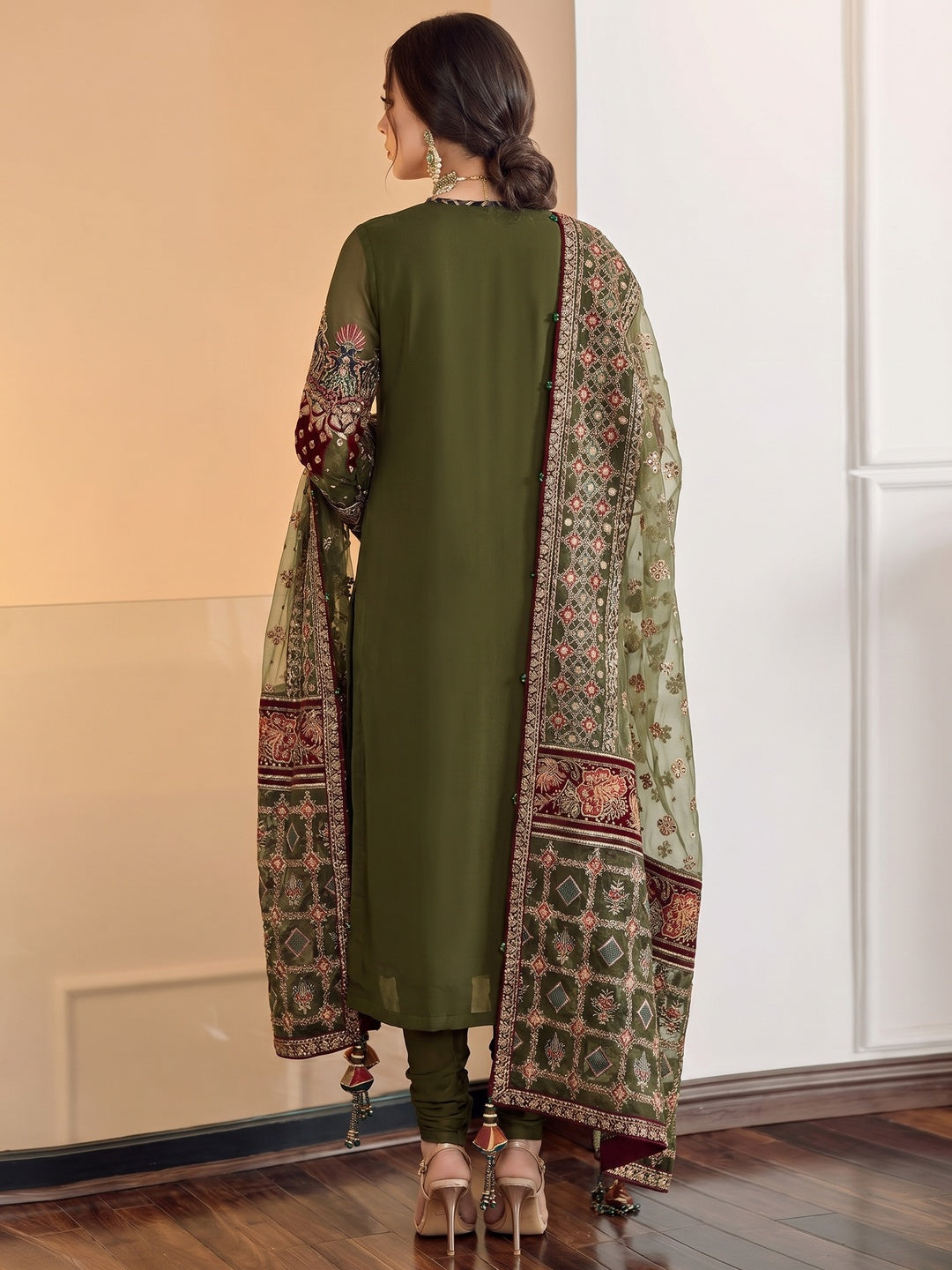 Mehendi Green Sequins Embroidered Georgette Pakistani Suit - Image 1