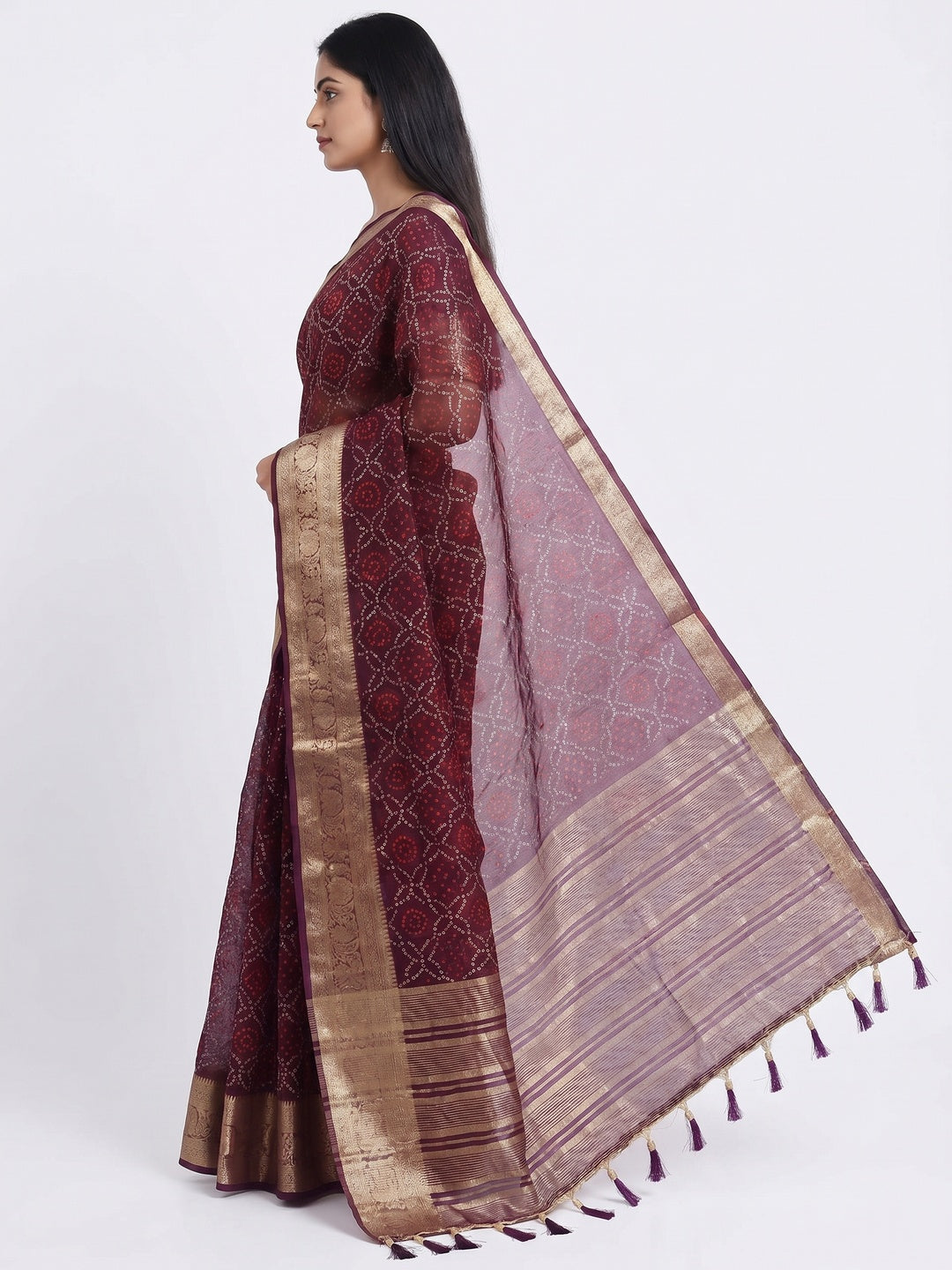 Wine Bandhani Printed Organza Saree With Tassels - Image 3