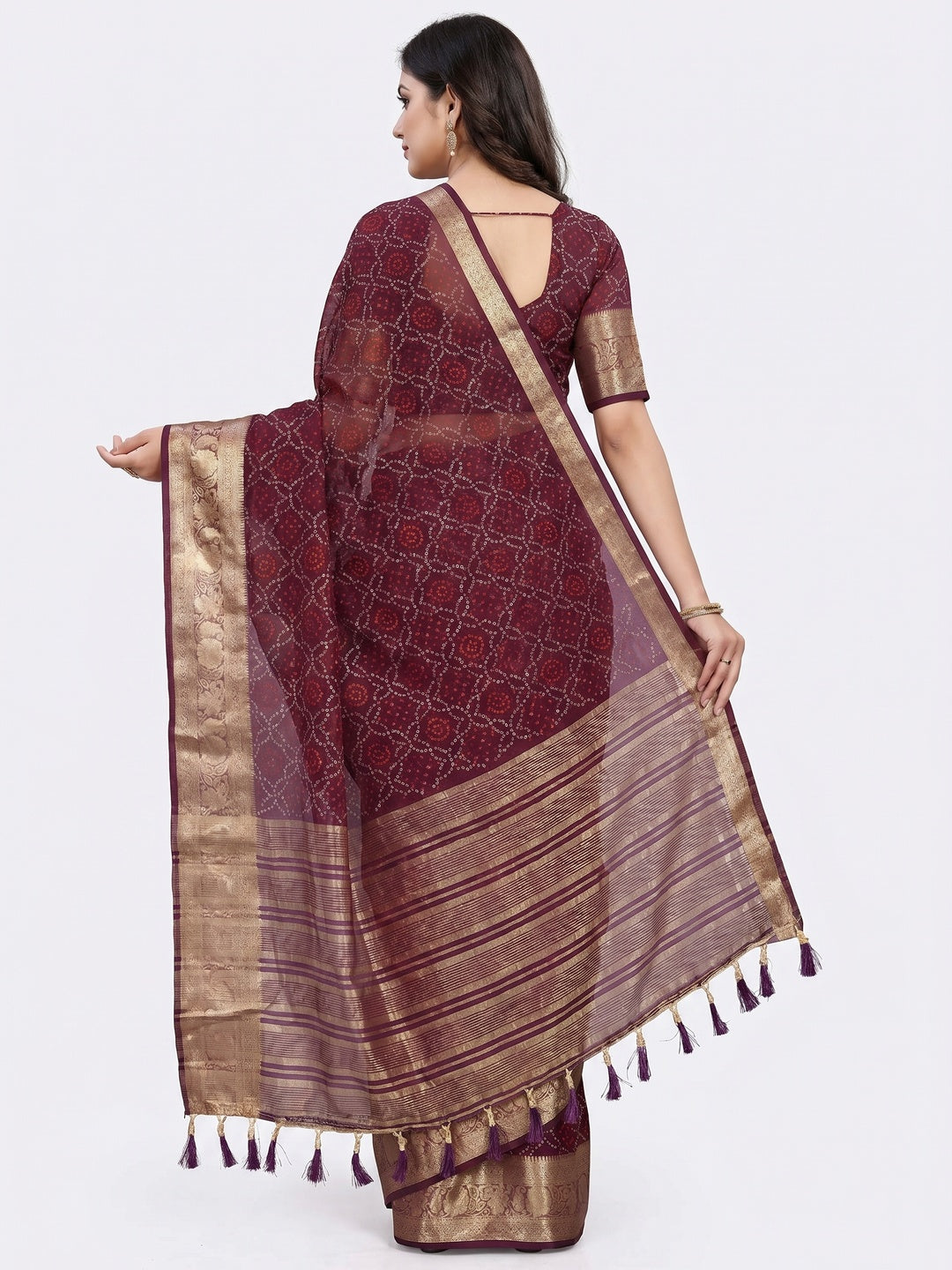 Wine Bandhani Printed Organza Saree With Tassels - Image 2