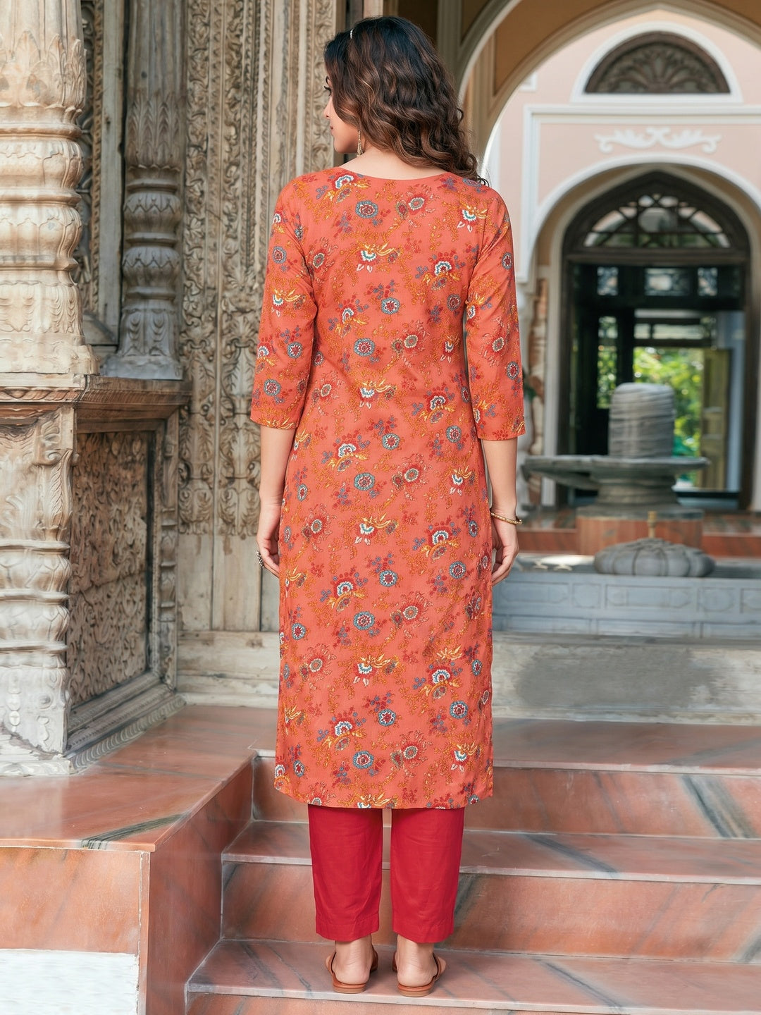 Peach Floral Printed Cotton Blend Kurti - Image 1