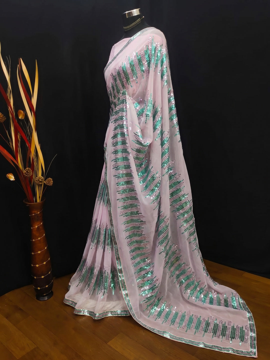 Pink Sequins Embroidered Georgette Saree - Image 3