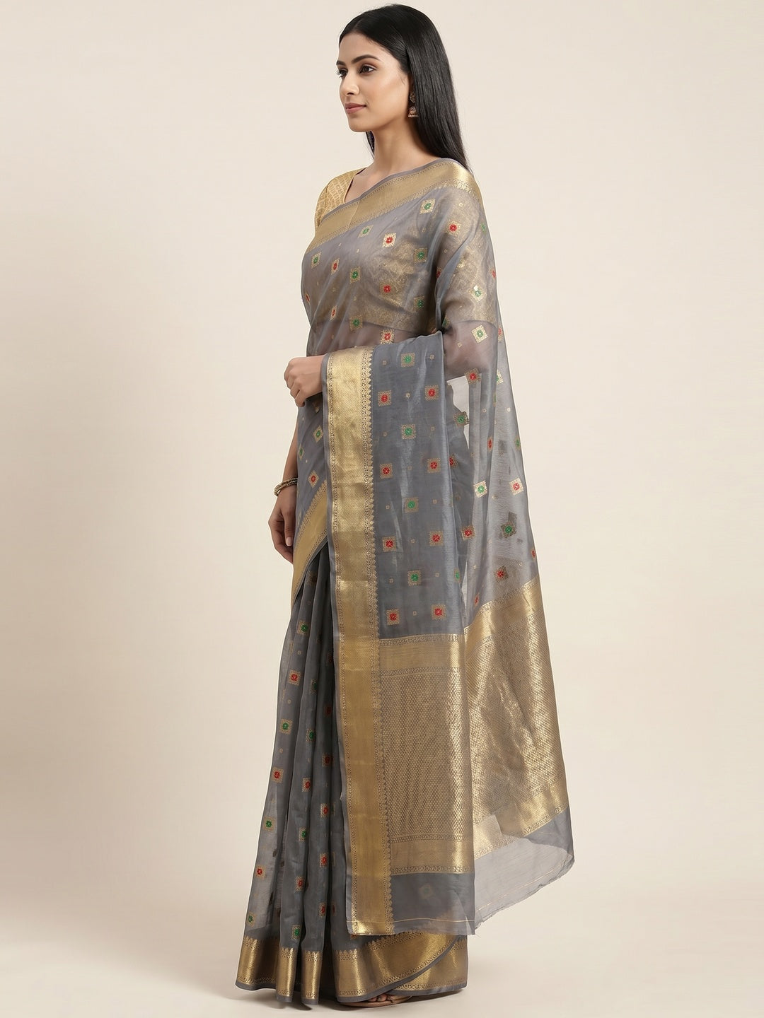 Grey Woven Organza Saree - Image 2