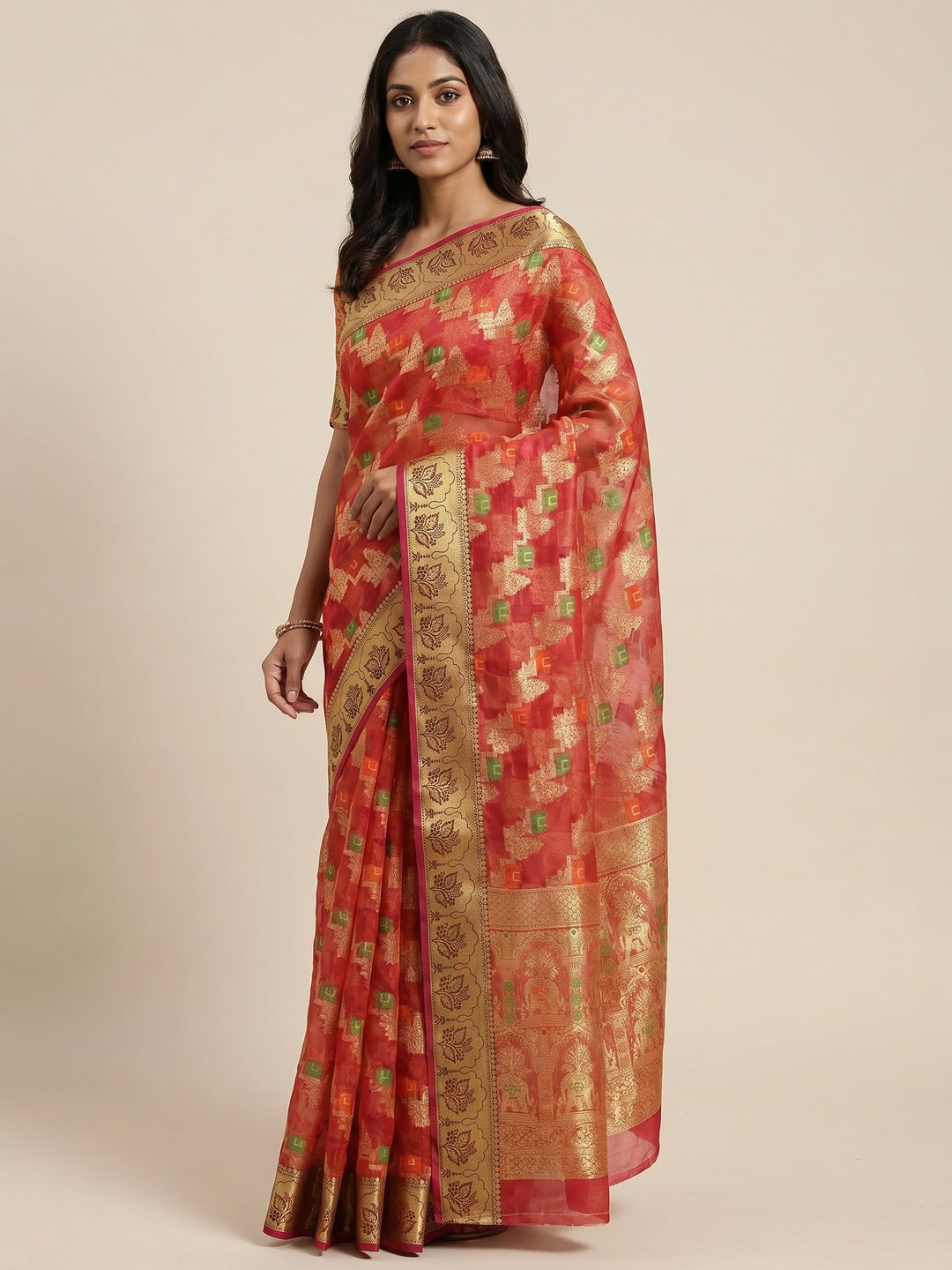 Red Woven Organza Saree - Image 1