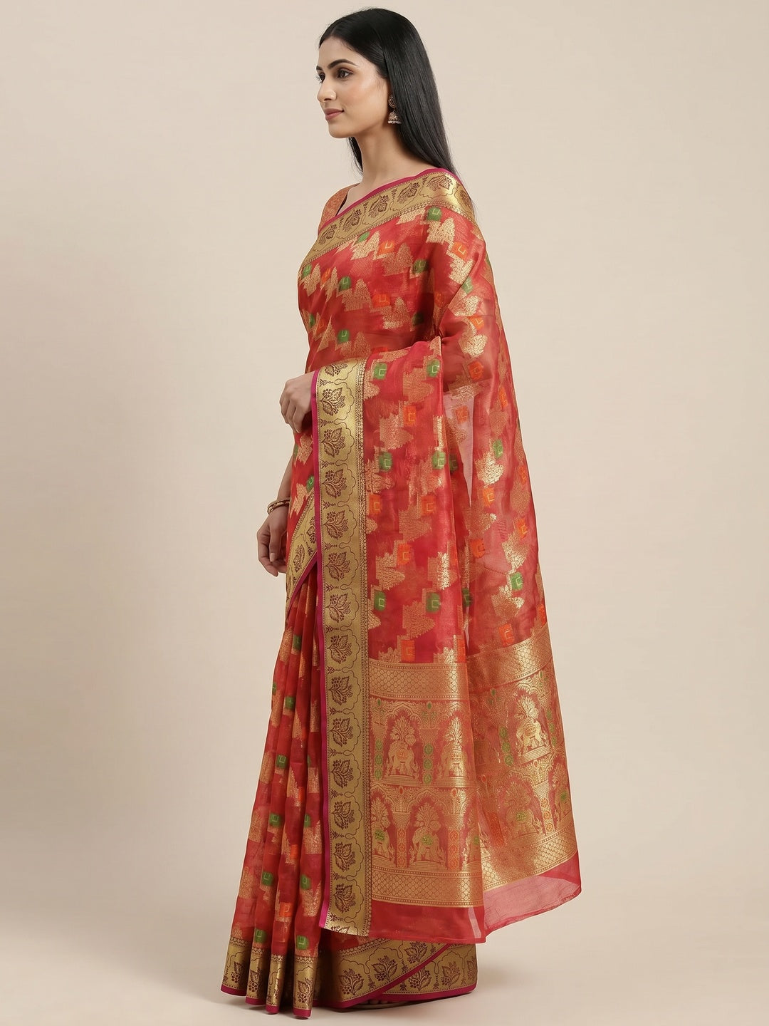 Red Woven Organza Saree - Image 2