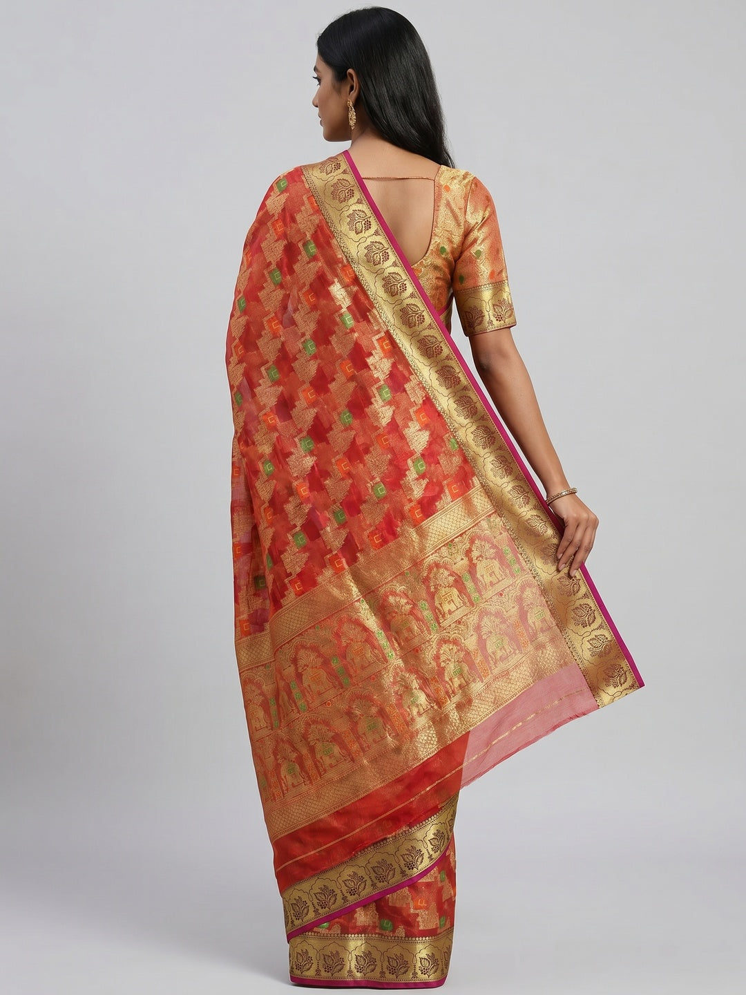 Red Woven Organza Saree - Image 3
