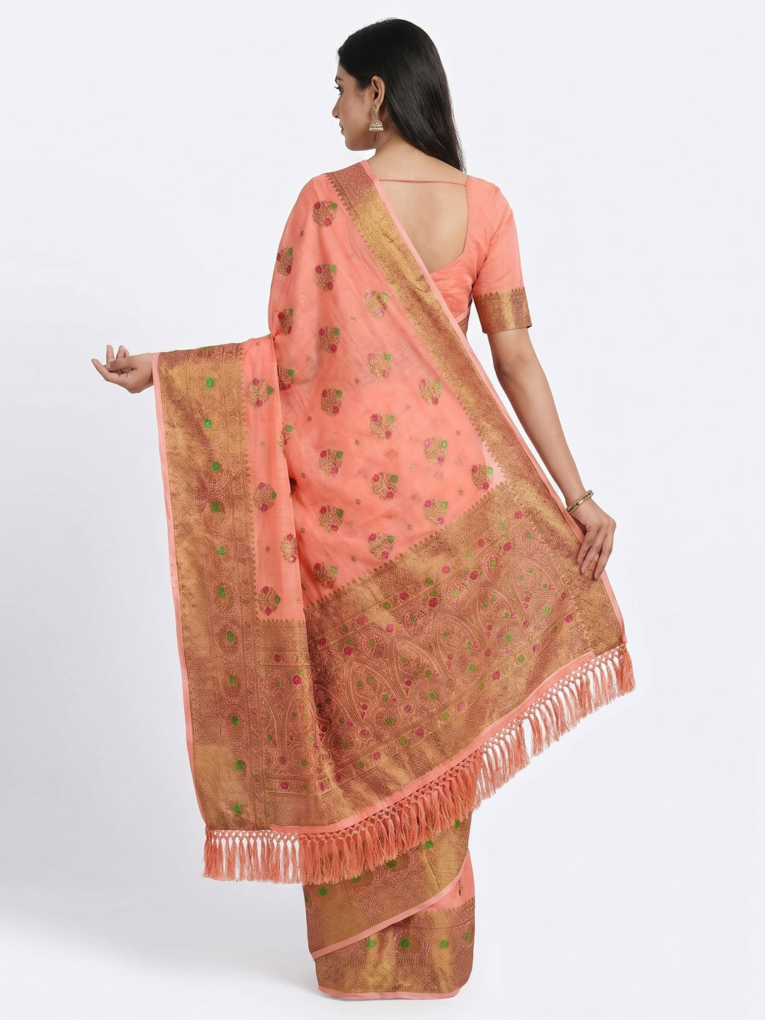 Peach Woven Cotton Blend Saree With Tassels - Image 2