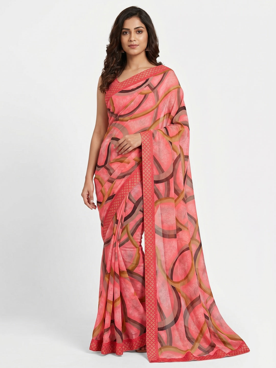 Gajari Pink Printed Georgette Saree - Image 1