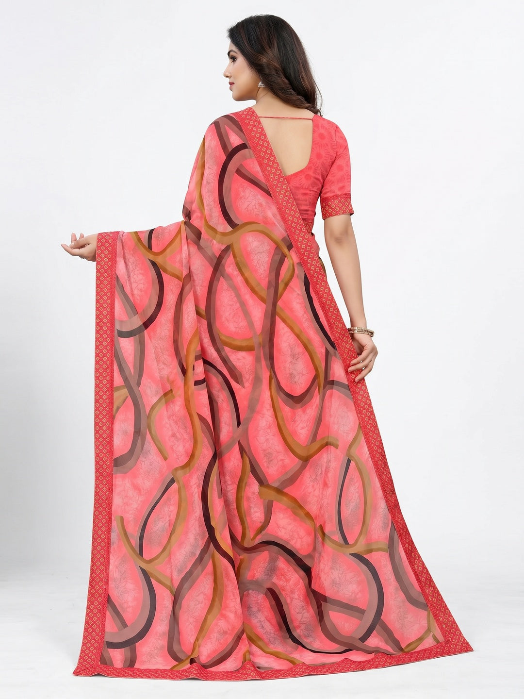 Gajari Pink Printed Georgette Saree - Image 3