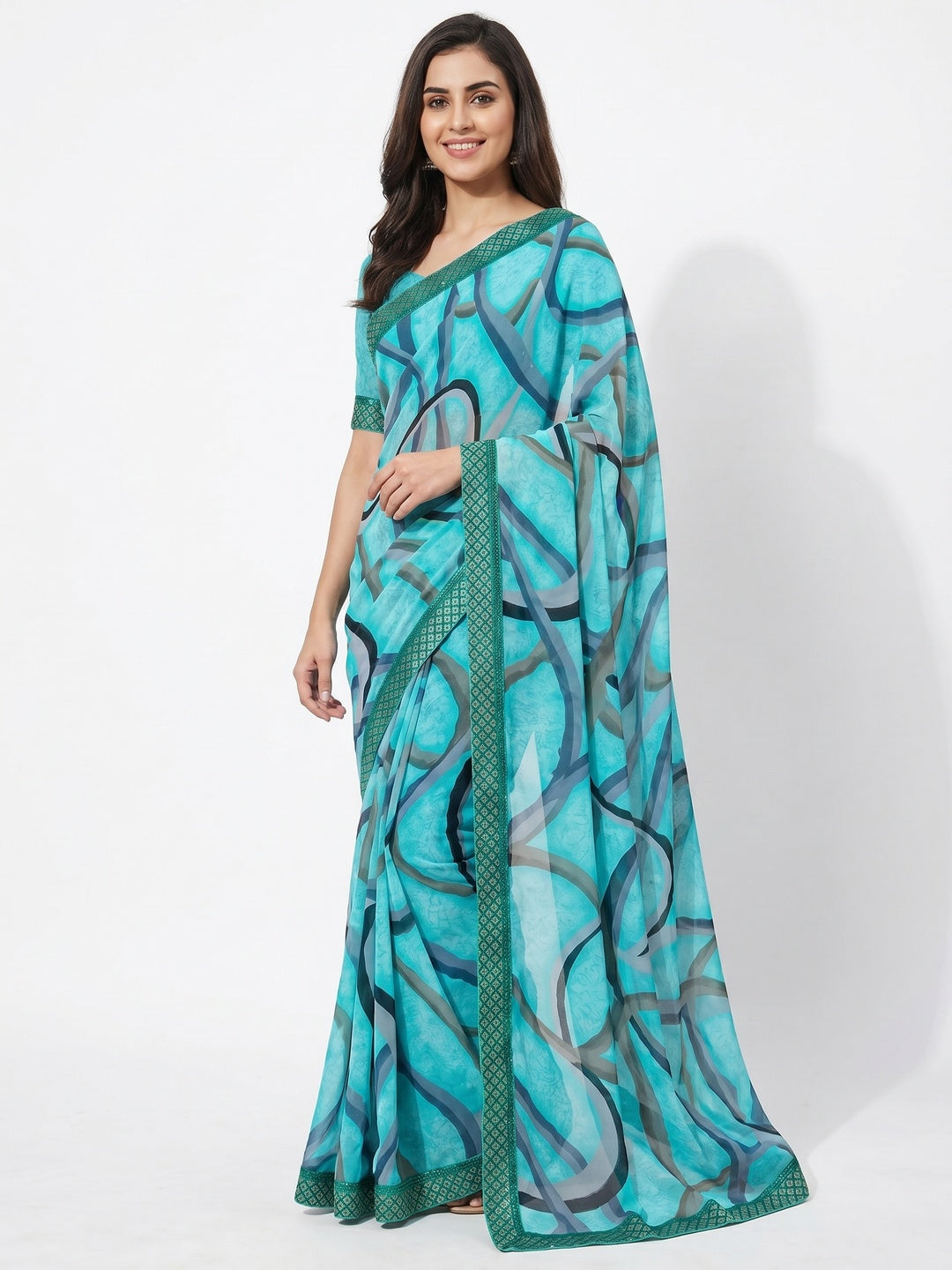 Sky Blue Printed Georgette Saree - Image 1