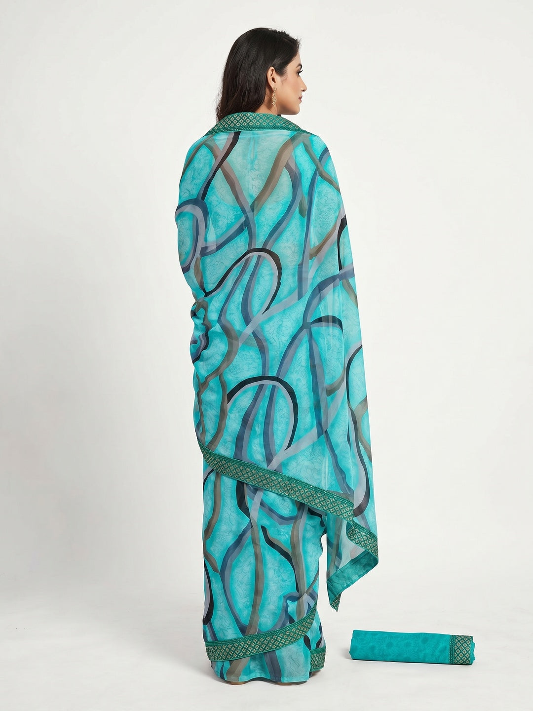 Sky Blue Printed Georgette Saree - Image 2