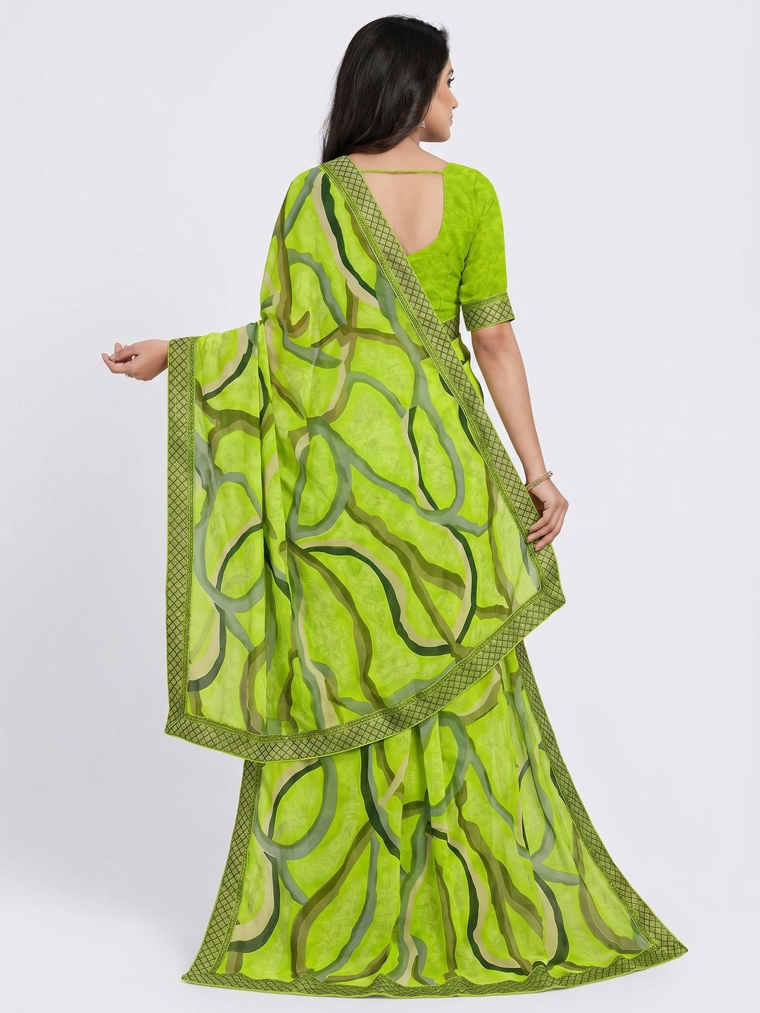 Green Printed Georgette Saree - Image 3