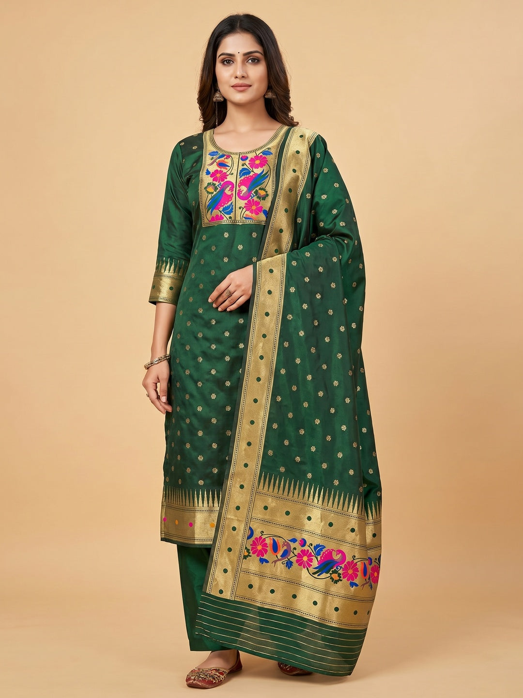 Green Woven Banarasi Silk Paithani Dress Material - Image 1