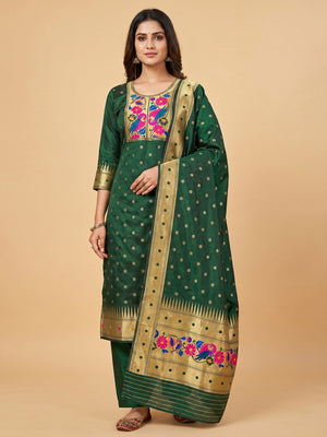 Green Woven Banarasi Silk Paithani Dress Material - Image 1