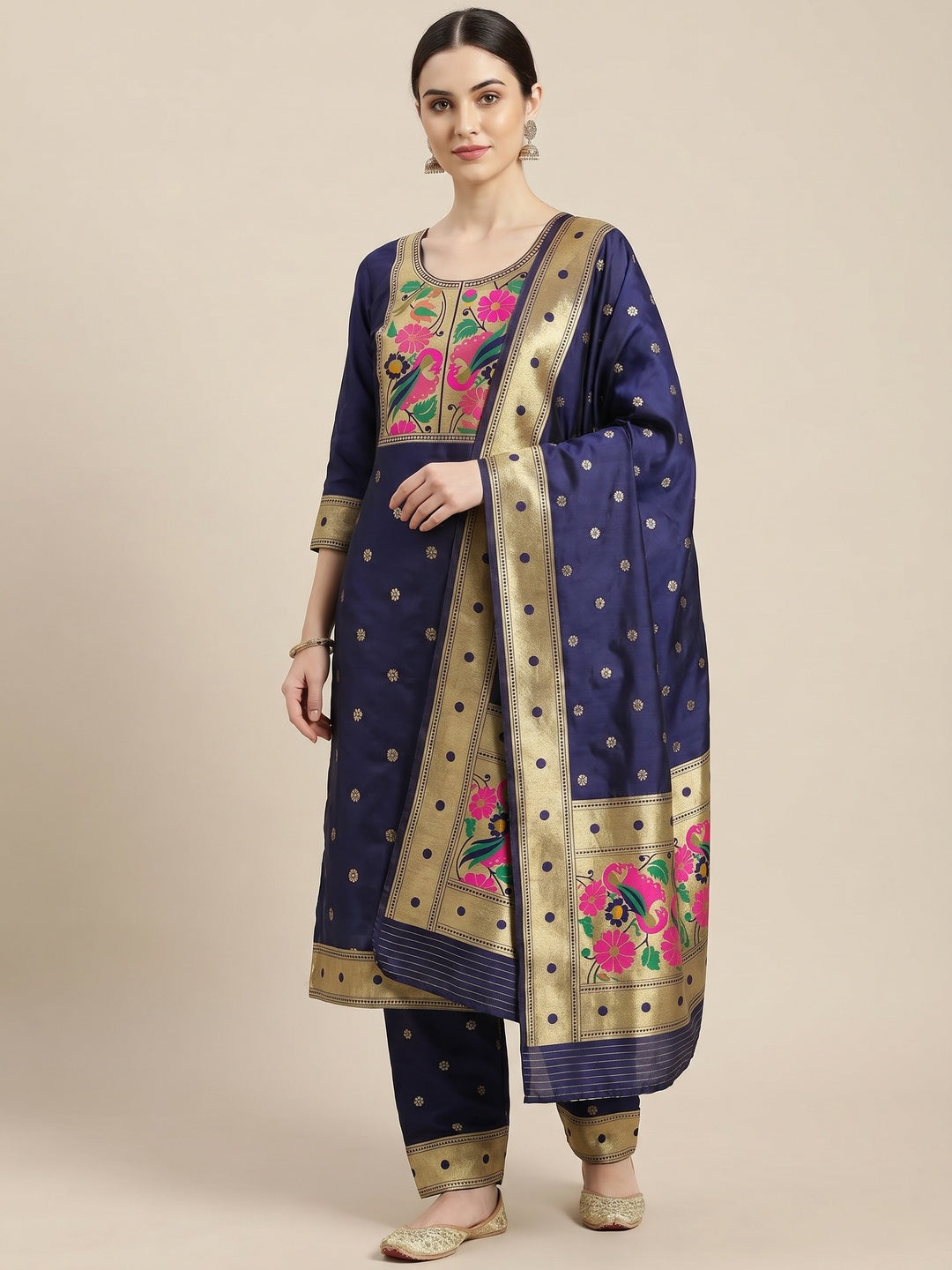 Navy Blue Woven Banarasi Silk Paithani Dress Material - Image 1