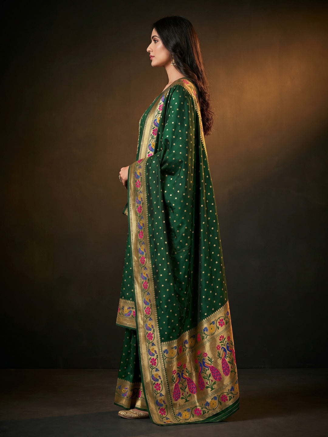 Green Woven Banarasi Silk Paithani Dress Material - Image 2