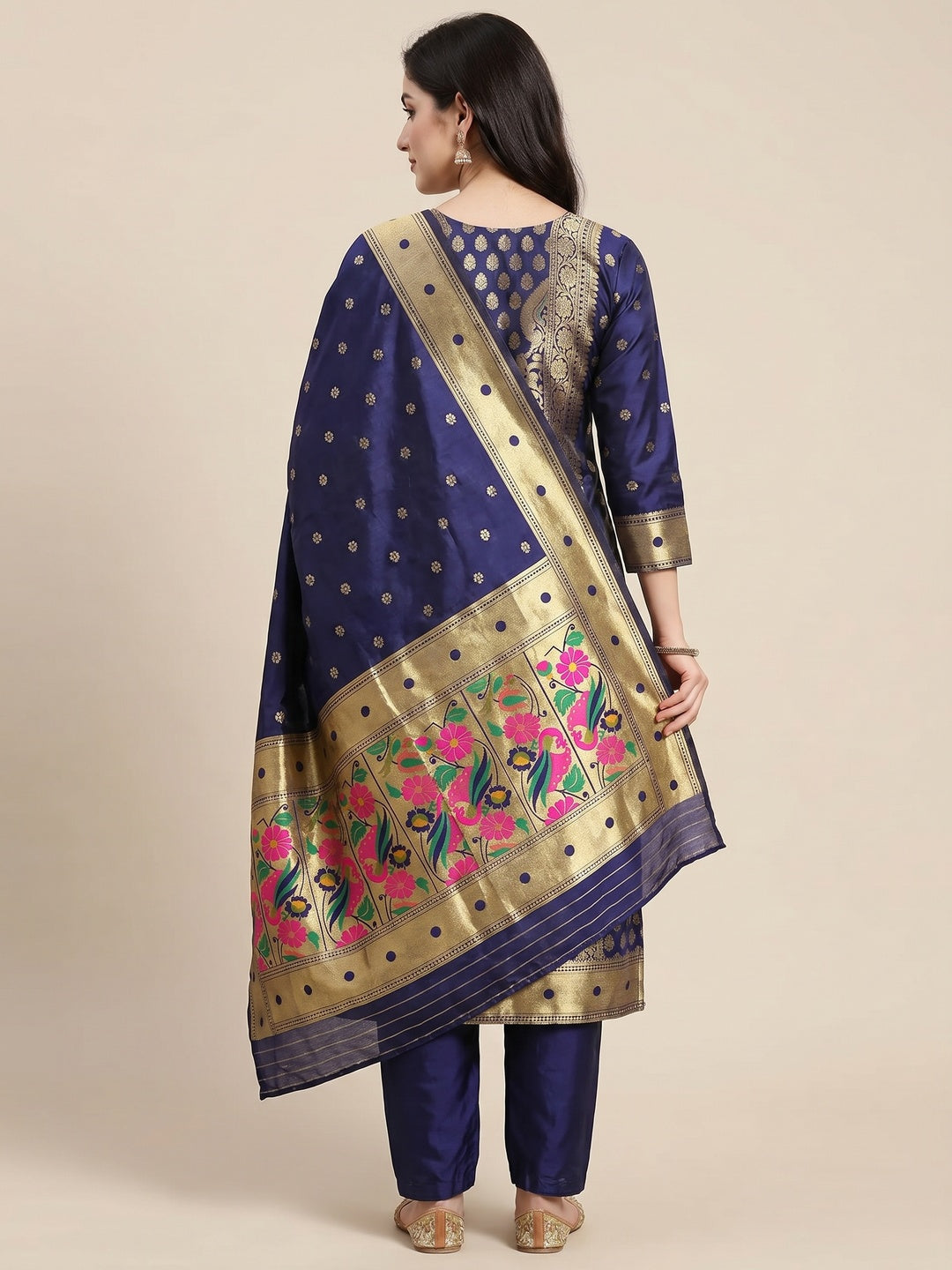 Navy Blue Woven Banarasi Silk Paithani Dress Material - Image 3