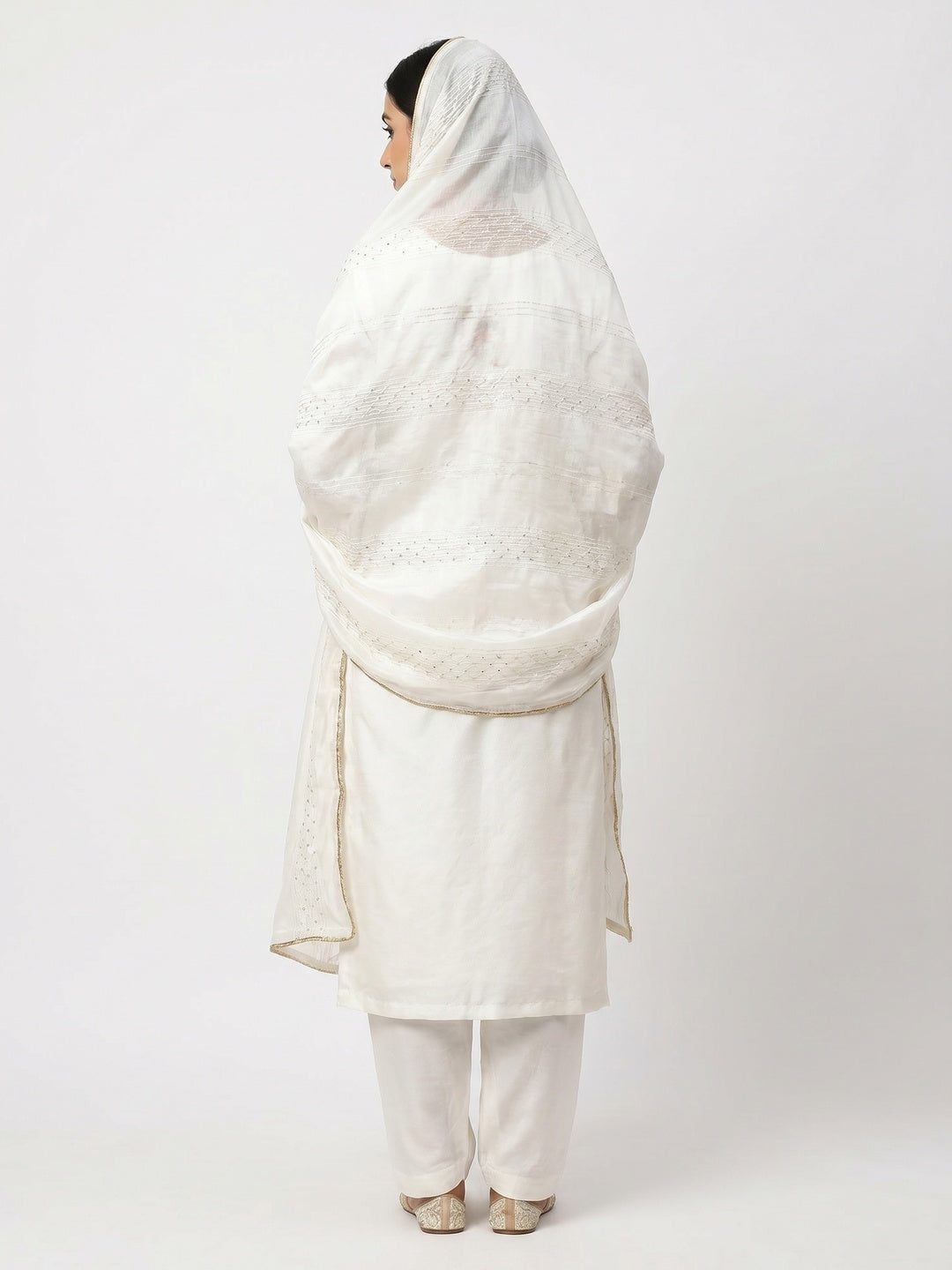 White Floral Woven Dola Silk Dress Material - Image 3