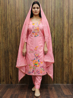 Pink Floral Woven Dola Silk Dress Material - Image 1