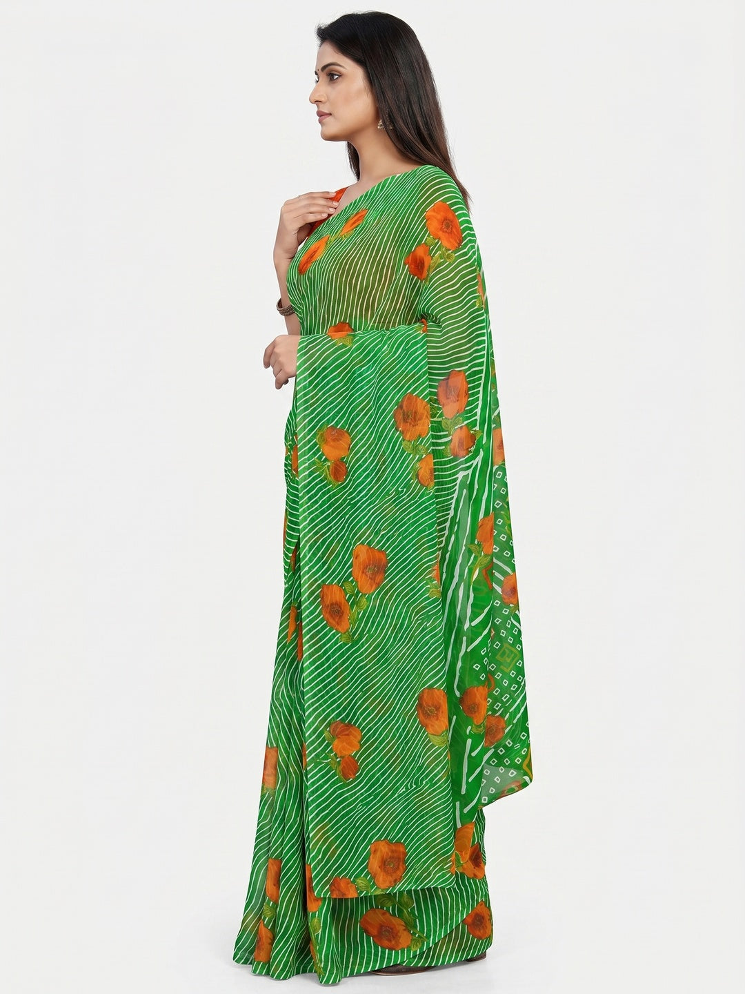 Green Floral Digital Printed Georgette Saree - Image 2