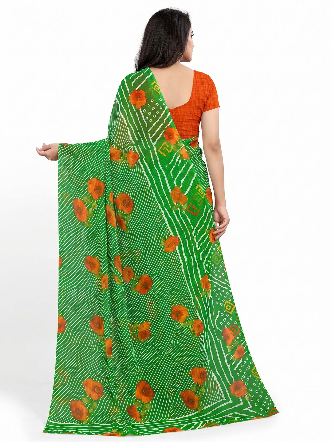 Green Floral Digital Printed Georgette Saree - Image 3