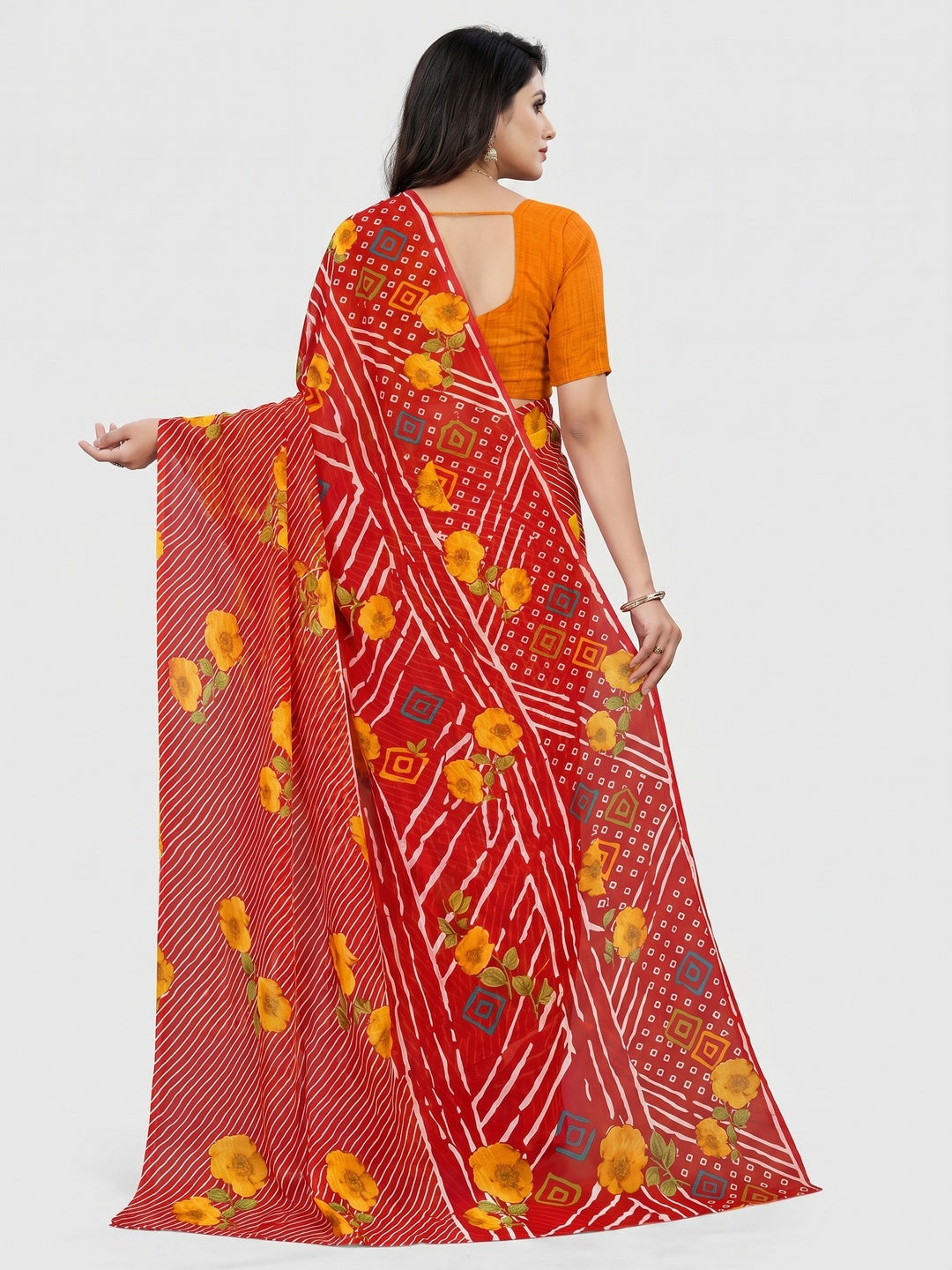 Red Floral Digital Printed Georgette Saree - Image 1