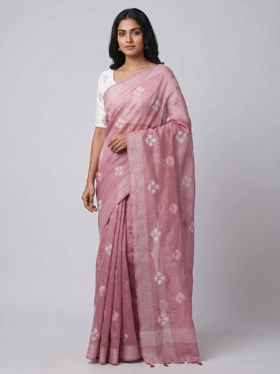 Dusty Pink Floral Embroidered Raw Silk Saree - Image 1