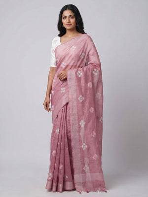 Dusty Pink Floral Embroidered Raw Silk Saree - Image 1