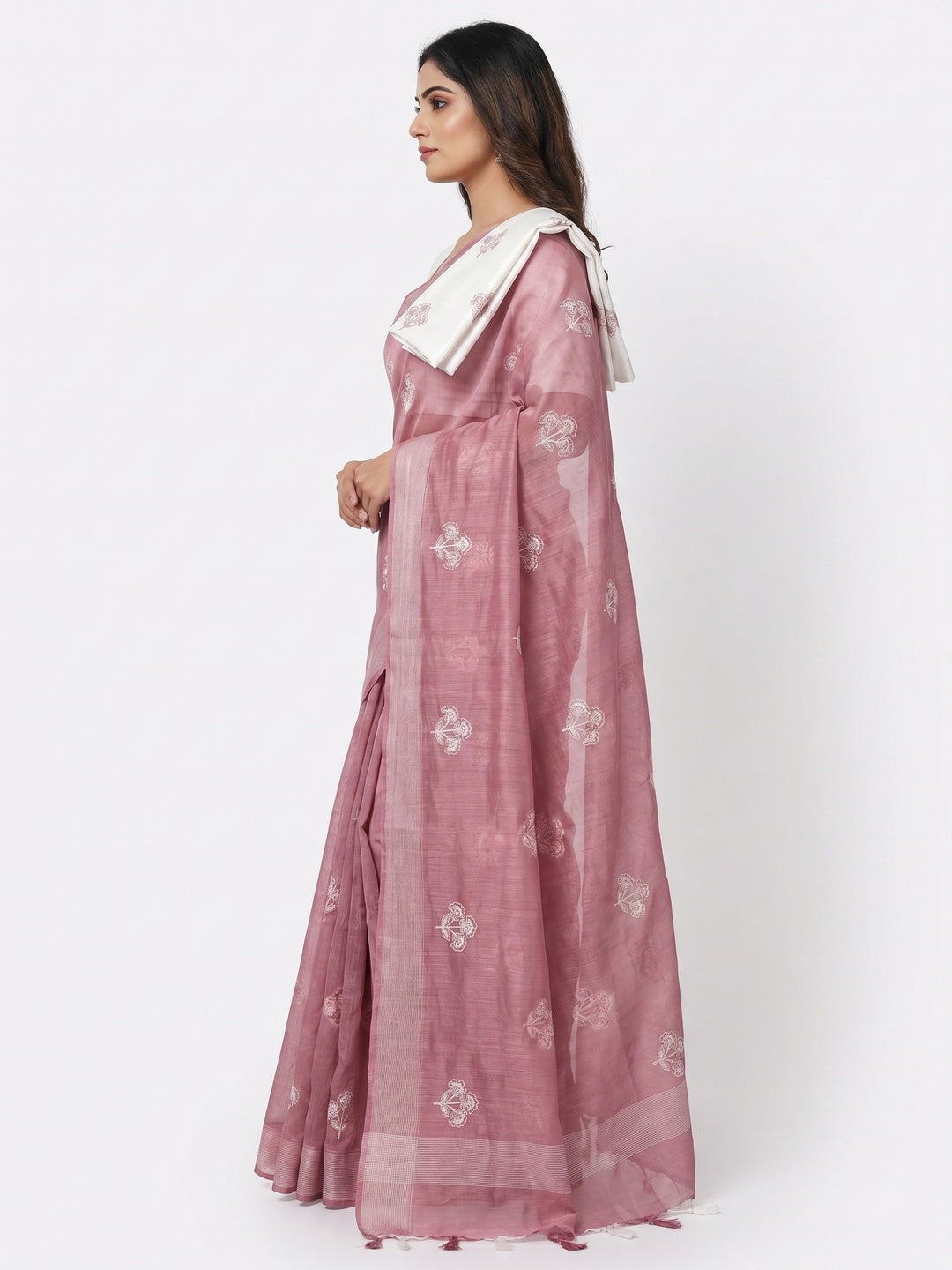Dusty Pink Floral Embroidered Raw Silk Saree - Image 3