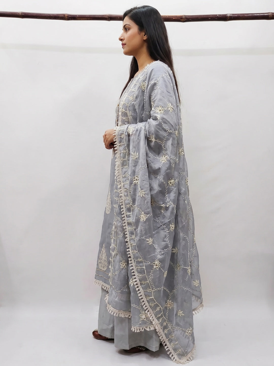 Grey Embroidered Chanderi Dress Material - Image 2